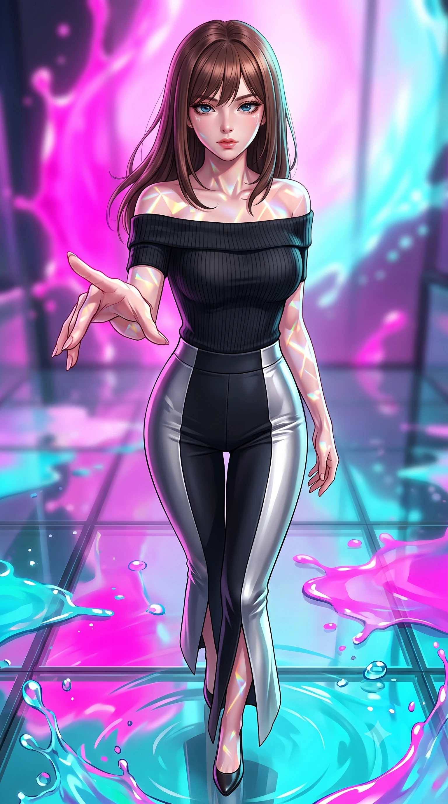 score_9, masterpiece, best quality, ultra-detailed, high-budget anime keyframe, editorial fashion photography, tasteful artistic composition, Korean woman. close-up cowboy shot from the waist and thighs up, the character dominates the composition, filling the frame with her large presence, background elements kept in soft focus. Reaching one hand gracefully toward the viewer with effortless superiority and allure stepping across a reflective glass floor drenched in vibrant fluid splashes, a kaleidoscope of refractions forming geometric light patterns on her skin. She has an exceptionally elegant, slender, and willowy female figure with an ultra-slim waist, a gracefully sculpted slender torso, and a refined silhouette. sharp v-shaped jawline, high-bridge nose, intricate jewel-like eyes with depth, thick eyelashes, glossy lips with a natural sheen. wearing a sleek off-shoulder ribbed knit top paired with high-waist tailored pants in matte black and polished silver, formed from sleek second-skin neoprene, finished with a sleek side slit ascending to mid-thigh, the sleek second-skin texture accentuating her magnetic presence. surrounded by a radiant glow of magenta and aqua fluid highlights. highly saturated vibrant anime colors, detailed shading with soft gradients, rich glossy textures, high-contrast stereoscopic depth, volumetric dynamic lighting, master piece, 9:16 ratio