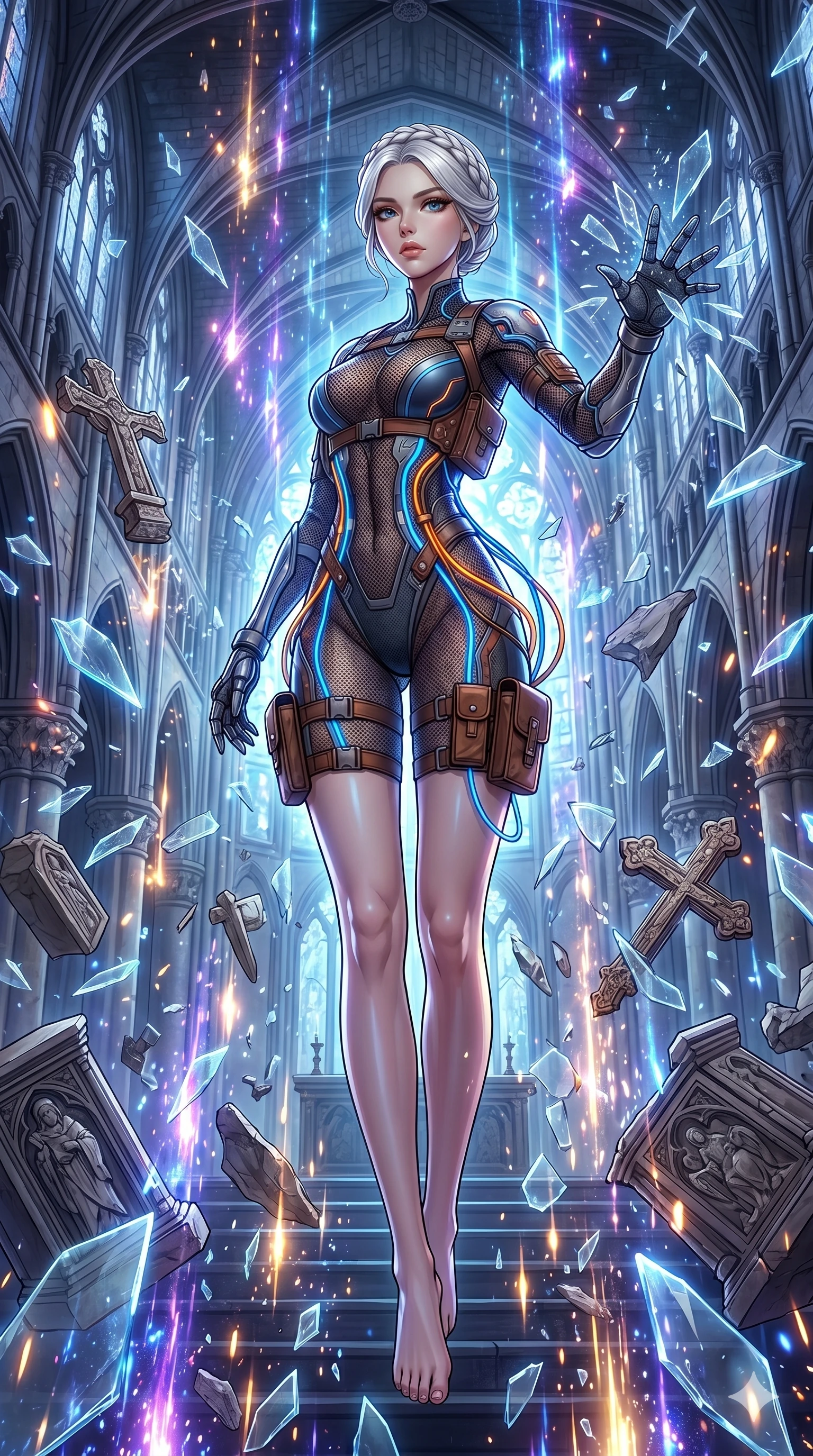score_9, masterpiece, best quality, ultra-detailed, Set A: High-budget Anime Keyframe, Korean woman. Low angle cowboy shot filling the entire 9:16 frame with her statuesque presence. Floating through a shattered glass cathedral, as gravity fails and everything around her floats in state 226 and surrounded by glowing energy sparks. She has an absolutely perfect 8-heads proportion, an exceptionally tall and slender female figure with impossibly long slender legs and an ultra-slim waist. Sharp v-shaped jawline, high-bridge nose, intricate jewel-like eyes with depth, thick eyelashes, glossy lips with a natural sheen. Wearing Tactical mesh bodysuit with integrated glowing data-cables and leather pouches. Cinematic lighting, vibrant colors, dramatic shadows, 2k, ultra detail, master piece, 9:16 ratio