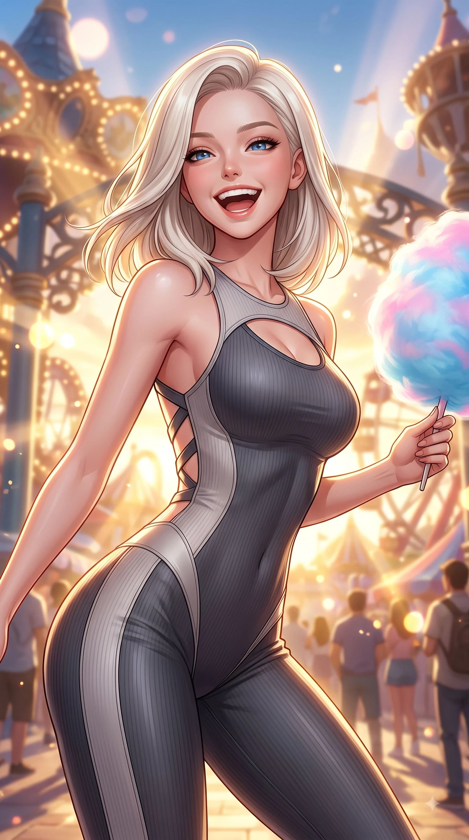 score_9, masterpiece, best quality, ultra-detailed, high-budget anime keyframe, editorial fashion photography, tasteful artistic composition, Caucasian woman. close-up cowboy shot from the waist and thighs up, the character dominates the composition, filling the frame with her large presence, background elements kept in soft focus. Joyful laughing expression filled with genuine happiness and warmth, leaning forward with cheerful energy while pivoting in a cheerful dynamic stride with a cotton candy orb in hand and beaming eyes, golden hour sunbursts filtering through theme park structures in magical beams. She has an exceptionally elegant, slender, and willowy female figure with an ultra-slim waist, a gracefully sculpted slender torso, and a refined silhouette. sharp v-shaped jawline, high-bridge nose, intricate jewel-like eyes with depth, thick eyelashes, glossy lips with a natural sheen, flawlessly proportioned anatomical accuracy, natural body alignment, perfectly sculpted elegant limbs, clean dynamic posture without body distortion. wearing a form-fitting ribbed activewear set with elegant collar cutouts in charcoal grey and platinum, formed from sleek second-skin neoprene, complemented by criss-cross back straps highlighting her bare shoulders, the elegant draped fit framing her graceful clavicle and slender torso. surrounded by a bright, magical theme park ambiance with rich specular glow. ultra-reflective glossy finish, specular highlights, metallic sheen, high-contrast stereoscopic depth, volumetric dynamic lighting, 2k, ultra detail, master piece, 9:16 ratio