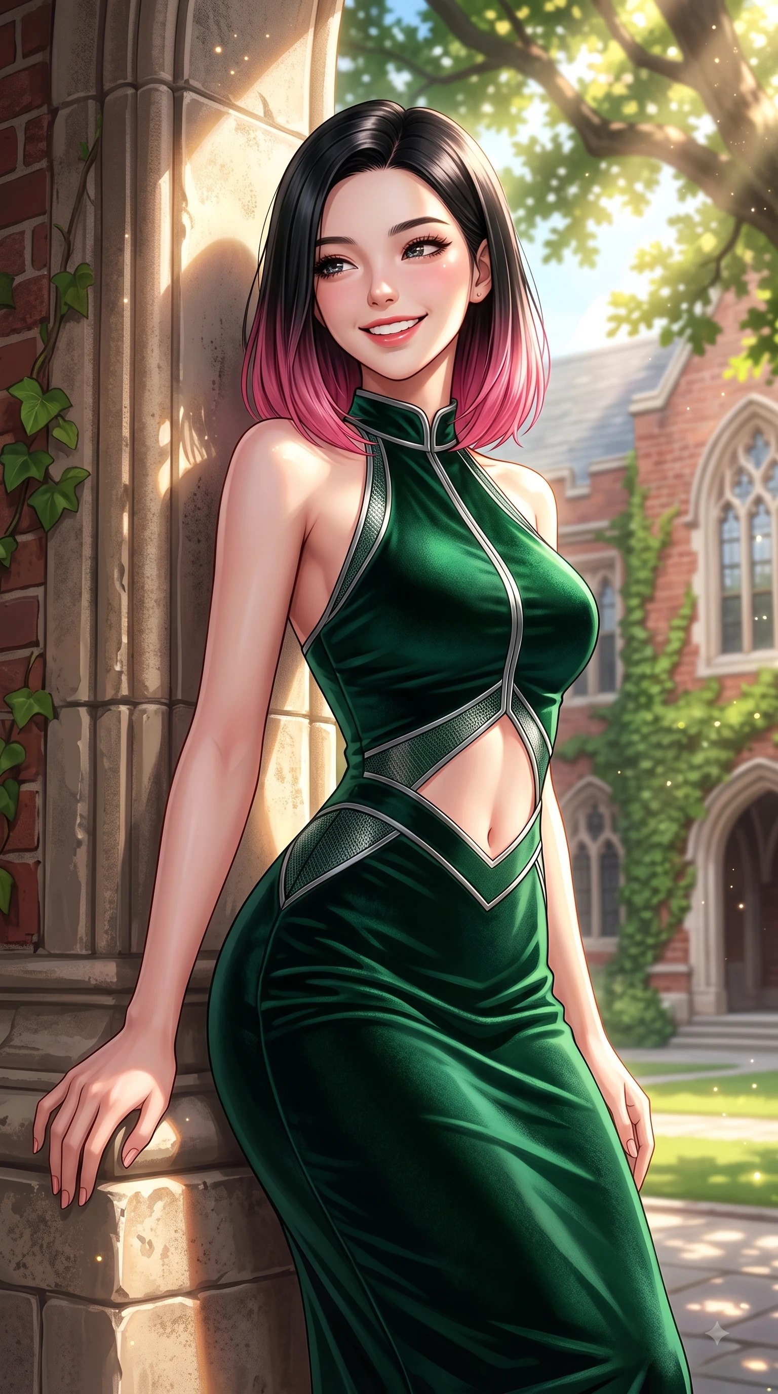 score_9, masterpiece, best quality, ultra-detailed, high-budget anime keyframe, editorial fashion photography, tasteful artistic composition, Korean woman. close-up cowboy shot from the waist and thighs up, the character dominates the composition, filling the frame with her large presence, background elements kept in soft focus. Radiant youthful grin reflecting college charm while casting a playful, joyful side-gaze with heavy lashes while leaning against an antique stone pillar in a sunlit university quadrangle with sparkling eyes, red-brick Gothic university architecture covered in green ivy reflecting warm sunbeams. She has an exceptionally elegant, slender, and willowy female figure with an ultra-slim waist, a gracefully sculpted slender torso, and a refined silhouette. sharp v-shaped jawline, high-bridge nose, intricate jewel-like eyes with depth, thick eyelashes, glossy lips with a natural sheen, flawlessly proportioned anatomical accuracy, natural body alignment, perfectly sculpted elegant limbs, clean dynamic posture without body distortion. wearing a velvet halter-neck midi dress following her form like a glove in deep emerald green and silver accent, made of fine carbon-fiber weave and soft matte leather, featuring subtle geometric cutouts that highlight her ultra-slim midriff, the tailored fabric tightly following every curve of her athletic build. bathed in brilliant sunny morning light filtering through oak tree canopies. highly saturated vibrant anime colors, detailed shading with soft gradients, rich glossy textures, high-contrast stereoscopic depth, volumetric dynamic lighting, master piece, 9:16 ratio