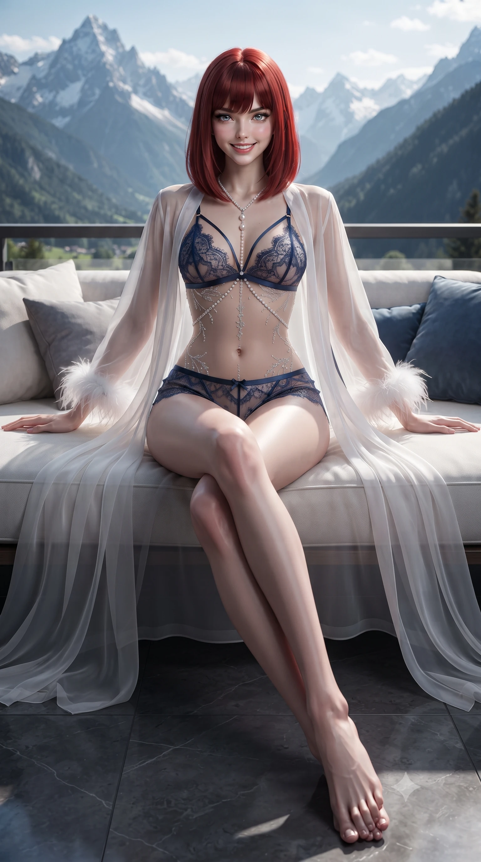 score_9, masterpiece, best quality, ultra-detailed, high-budget anime keyframe, editorial fashion photography, tasteful artistic composition, Caucasian woman. low angle full-body shot from head to toe showing her feet, filling the entire 9:16 vertical frame with her statuesque presence, stretching her vertical silhouette. lounging on the lavish daybed with legs crossed and hips angled toward the camera, displaying her toned midriff and long slender limbs with effortless siren poise while lounging in the low-slung circular velvet sofa with legs extended, displaying her long slender limbs and supermodel elegance. The surrounding environment is rendered in vivid detail and crisp panoramic clarity: detailed alluring backless sheer illusion mesh leotard with silver crystal flocking tracing her spine, and mountain vista in razor-sharp precision. She has an exceptionally tall and slender model-like 8.5-heads proportion, an ultra-slim waist, a flat toned midriff, narrow delicate ribcage, and beautifully sculpted feminine hips creating a graceful, slim hourglass silhouette without any bulky heaviness, with impossibly long slender legs. sharp v-shaped jawline, high-bridge nose, intricate jewel-like sparkling eyes with depth, thick eyelashes, glossy parted lips with a natural peach sheen, bright cheerful beaming smile with an enchanting and coquettish sensual glint, exuding both youthful cute charm and seductive allure, flawlessly proportioned anatomical accuracy, strict slender model proportions, natural body alignment, perfectly sculpted long slender limbs, ultra-slim waistline, clean dynamic posture without body distortion. wearing a delicate translucent silk boudoir robe with feather-trimmed cuffs worn open over a strappy lace bralette and micro-shorts in moonlit Grand Canal sapphire navy and liquid platinum, made of delicate semi-sheer French Chantilly lace with intricate eyelash edges, accented with a pearl-drop body harness subtly framing her dewy collarbones and spine, the second-skin tailored fabric adhering flawlessly to her sculpted flat midriff and slender torso, emphasizing her long leg lines and perfectly proportioned willowy build. illuminated by slate floor reflection fill and sharp ice-blue and gold rim lights sculpting her features, flat midriff, and slender waist. ultra-reflective glossy finish, specular highlights, rich textural contrasts, high-contrast stereoscopic depth, volumetric dynamic lighting, 2k, ultra detail, master piece, 9:16 ratio