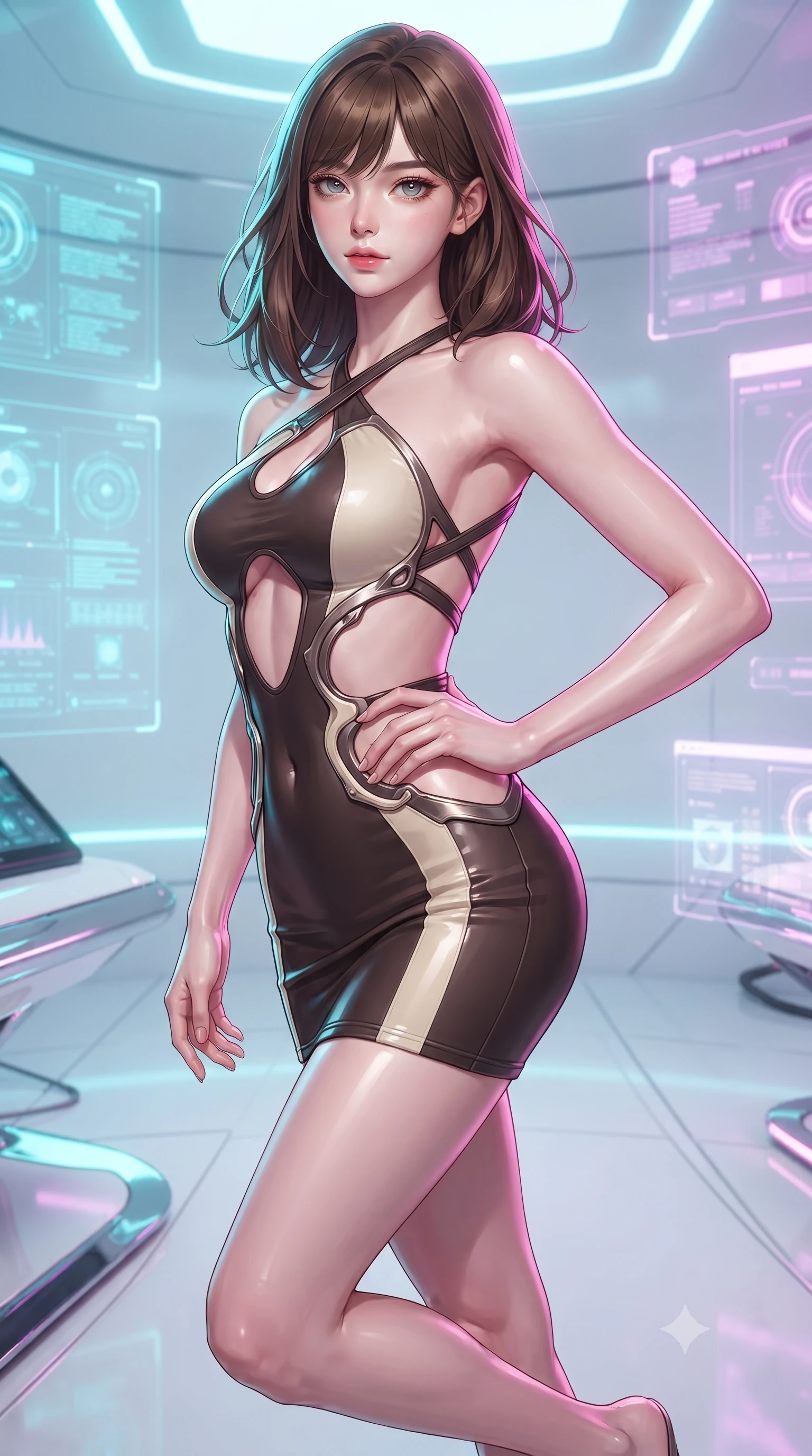 score_9, masterpiece, best quality, ultra-detailed, high-budget anime keyframe, editorial fashion photography, tasteful artistic composition, Korean woman. close-up cowboy shot from the waist and thighs up, the character dominates the composition, filling the frame with her large presence, background elements kept in soft focus. Holding a powerful dynamic pose with one hand on her hip and body angled dramatically toward the key light while floating dynamically in a high-tech matrix void surrounded by holographic data panels, sleek reflective white and chrome surfaces emphasizing ultra-clean lines. She has an exceptionally elegant, slender, and willowy female figure with an ultra-slim waist, a gracefully sculpted slender torso, and a refined silhouette. sharp v-shaped jawline, high-bridge nose, intricate jewel-like eyes with depth, thick eyelashes, glossy lips with a natural sheen, flawlessly proportioned anatomical accuracy, natural body alignment, perfectly sculpted elegant limbs, clean dynamic posture without body distortion. wearing a dramatic open-waist cutout mini dress framed by sculptural hardware in espresso brown and warm cream, formed from sleek second-skin neoprene, complemented by criss-cross back straps highlighting her bare shoulders, the form-contouring material highlighting her ultra-slim waist and long lines. bathed in brilliant neon cyan and magenta rim light with clean white key light. ultra-reflective glossy finish, specular highlights, metallic sheen, high-contrast stereoscopic depth, volumetric dynamic lighting, 2k, ultra detail, master piece, 9:16 ratio
