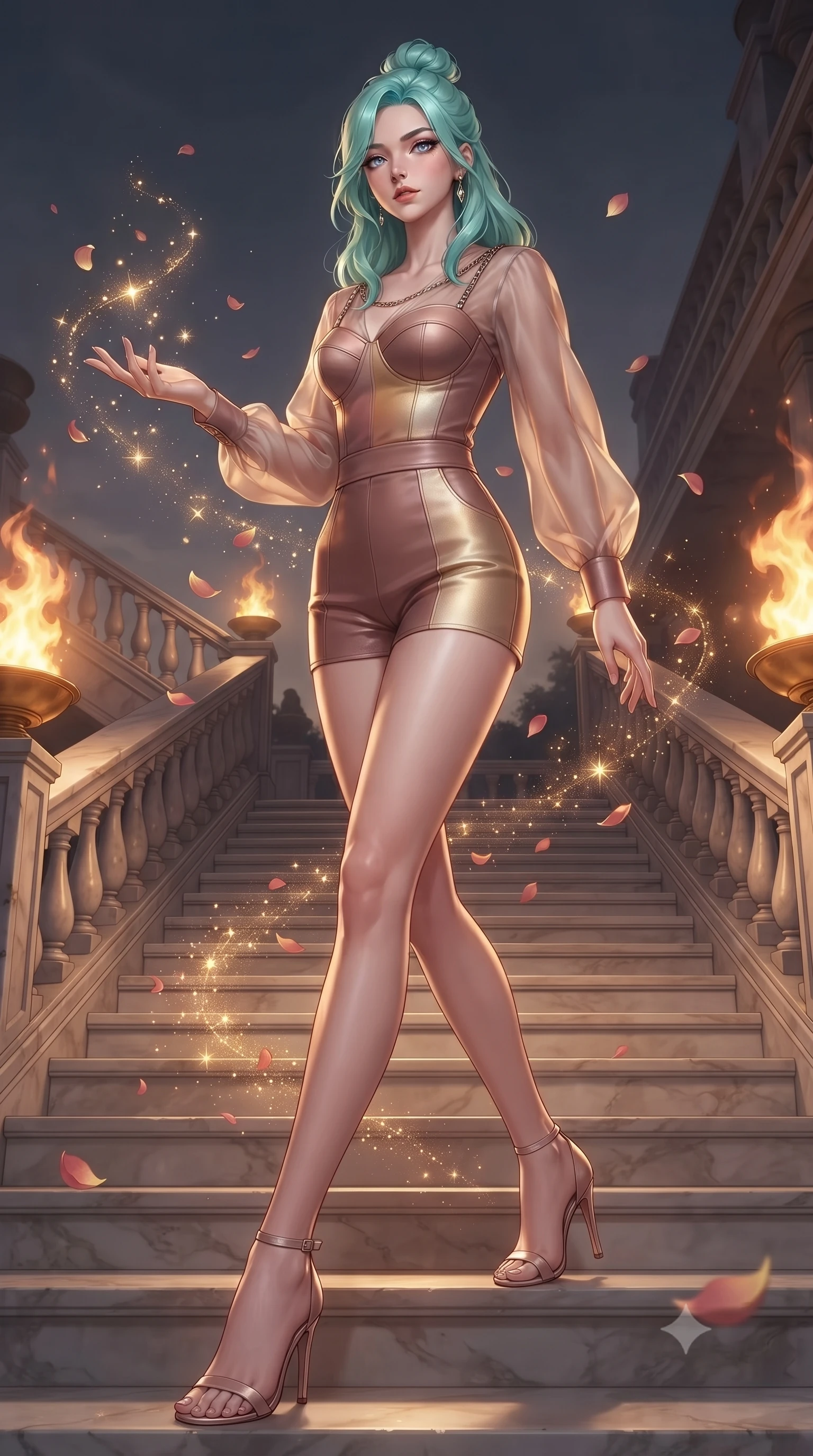 score_9, masterpiece, best quality, ultra-detailed, high-budget anime keyframe, editorial fashion photography, tasteful artistic composition, Japanese woman. low angle full-body shot from head to toe showing her feet, filling the entire 9:16 vertical frame with her statuesque presence, stretching her vertical silhouette. interacting gracefully with the magical floating elements while maintaining a confident posture descending a grand marble staircase flanked by golden torch flames at dusk, floating rose petals and golden dust motes sparkling in the air. She has an absolutely perfect, statuesque 8.5-heads proportion, an exceptionally tall and slender model-like female figure with impossibly long slender legs and an ultra-slim waist. sharp v-shaped jawline, high-bridge nose, intricate jewel-like eyes with depth, thick eyelashes, glossy lips with a natural sheen. wearing a tailored leather bustier over a sheer silk chiffon blouse in dusty rose and champagne gold, woven from fine semi-opaque sheer organza, adorned with delicate metallic chain straps along the neckline, the tailored fabric tightly following every curve of her athletic build. lit by brilliant warm key light softening into smooth, elegant gradients. ultra-reflective glossy finish, specular highlights, metallic sheen, high-contrast stereoscopic depth, volumetric dynamic lighting, 2k, ultra detail, master piece, 9:16 ratio