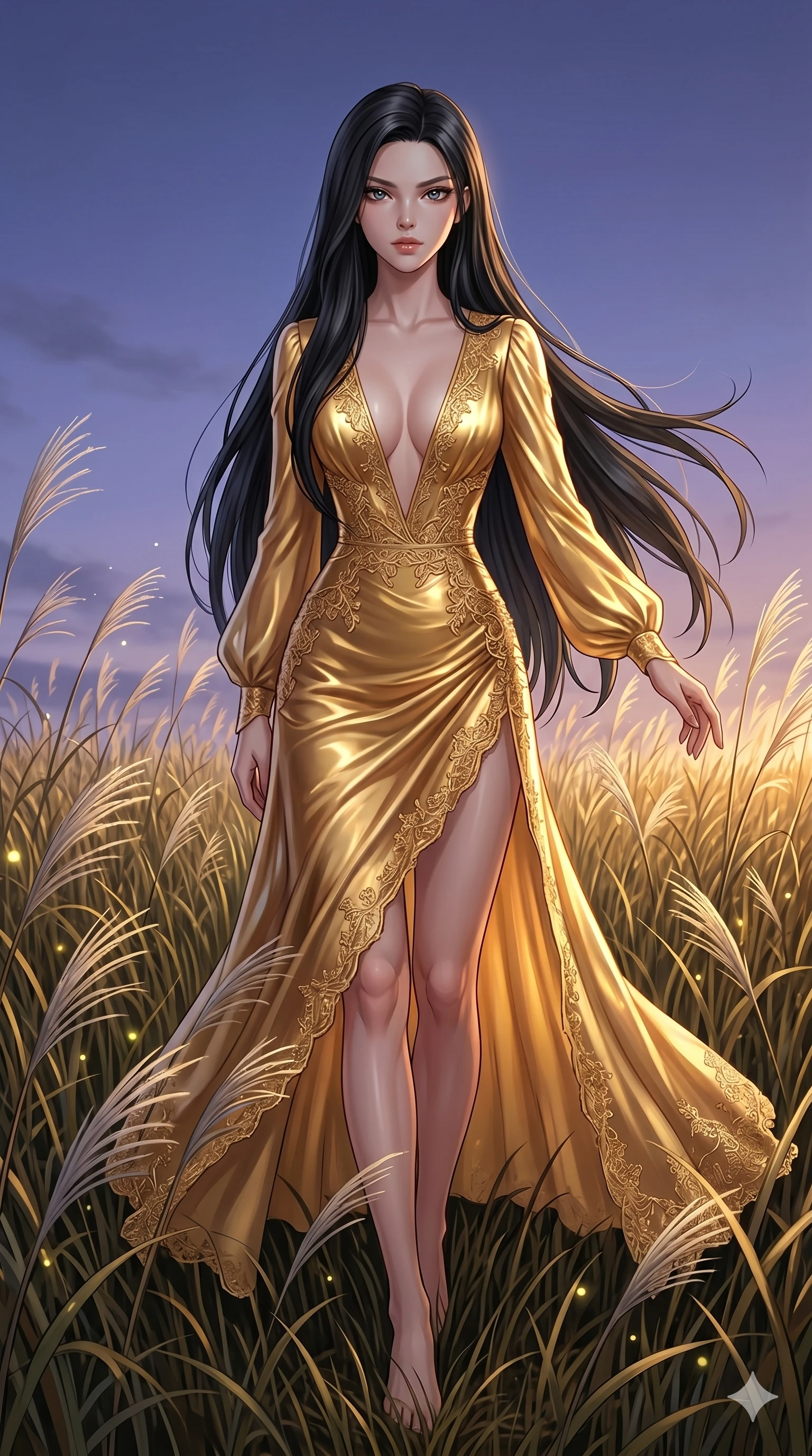 score_9, masterpiece, best quality, ultra-detailed, High-budget Anime Keyframe, East Asian woman. Dynamic full-body shot stretching the vertical silhouette to the limit. Scenario 168: Walking through a field of tall silver grass at twilight. Her presence is magnetic and overpowering in this high-budget anime scene. Outfit 168: A molten liquid silk gold with a plunging V-neckline and delicate lace embroidery. The clothing is designed to emphasize her exceptionally tall and slender 8-heads proportion. 8-heads proportion, towering silhouette, ultra-slim waist. sharp v-shaped jawline, intricate jewel-like eyes with depth, thick eyelashes, glossy lips. 2k, ultra detail, master piece, 9:16 ratio