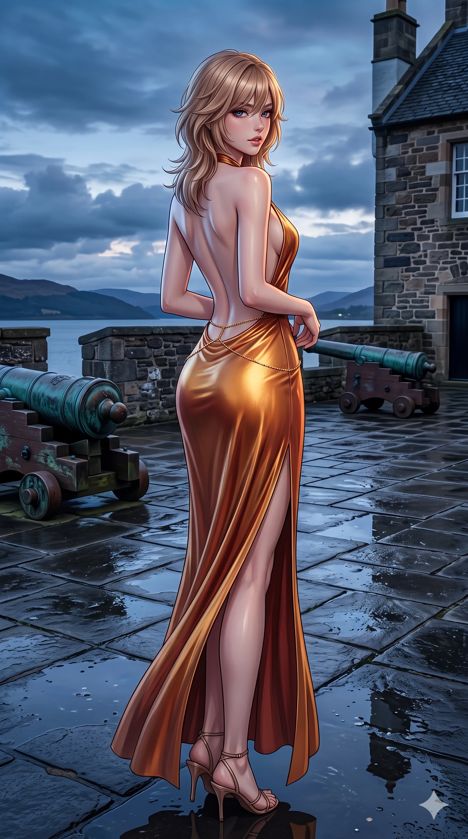 score_9, masterpiece, best quality, ultra-detailed, high-budget anime keyframe, semi-realistic 3D game render, editorial fashion photography, tasteful artistic composition, Japanese woman. low angle full-body shot from head to toe showing her feet, filling the entire 9:16 vertical frame with her statuesque presence, stretching her vertical silhouette. executing a slow, graceful pivot turn as her skirt sways around her slender legs, glancing back with an enchanting, teasing sensual expression while posing in an alluring rear three-quarter angle, looking over a bare shoulder with parted glossy lips as cool ambient loch light highlights her spine. The surrounding environment is rendered in vivid detail and crisp panoramic clarity: sharp wet basalt flagstone puddle reflections, ancient bronze cannon patina, and crisp masonry bevels in deep focus. She has an exceptionally tall and slender model-like 8.5-heads proportion, an ultra-slim waist, a flat toned midriff, narrow delicate ribcage, and beautifully sculpted feminine hips creating a graceful, slim hourglass silhouette without any bulky heaviness, with impossibly long slender legs. sharp v-shaped jawline, high-bridge nose, intricate jewel-like eyes with depth, thick eyelashes, glossy parted lips with a natural sheen, intensely captivating and seductive bedroom-eyes expression, flawlessly proportioned anatomical accuracy, strict slender model proportions, natural body alignment, perfectly sculpted long slender limbs, ultra-slim waistline, clean dynamic posture without body distortion. wearing a tailored silk halter dress with an open back and graceful side slit flowing to the floor in molten desert gold and burnt terracotta, crafted from luxurious metallic lamé that shifts radiance with every step, accented with a dainty gold belly chain resting across her flat midriff and curving hips, the impeccably tailored cut draping gracefully along her slender figure with aristocratic poise. puddle reflection bounce and volumetric dynamic lighting highlighting her long slender legs and willowy proportions. highly saturated vibrant anime colors, detailed shading with soft gradients, rich glossy textures, high-contrast stereoscopic depth, volumetric dynamic lighting, master piece, 9:16 ratio