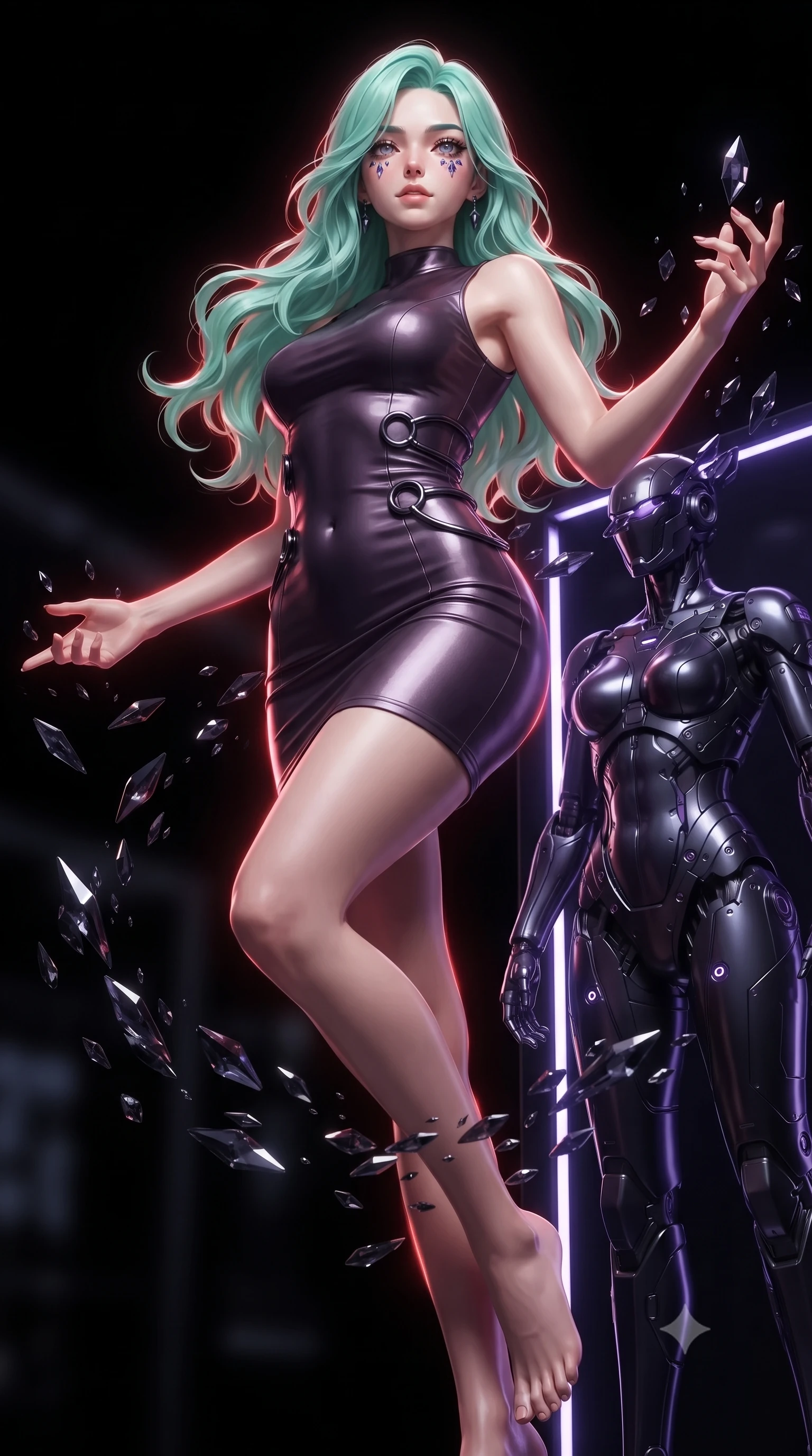 score_9, masterpiece, best quality, ultra-detailed, high-budget anime keyframe, editorial fashion photography, tasteful artistic composition, Japanese woman. low angle full-body shot from head to toe showing her feet, filling the entire 9:16 vertical frame with her statuesque presence, stretching her vertical silhouette. interacting with floating dark crystal particles, her long slender legs poised in motion, poised beside a dark titanium suit display illuminated by dark violet LED strips, sleek mechanical details in pitch-black background soft focus. She has an absolutely perfect, statuesque 8.5-heads proportion, an exceptionally tall and slender model-like female figure with impossibly long slender legs and an ultra-slim waist. sharp v-shaped jawline, high-bridge nose, intricate jewel-like eyes with depth, thick eyelashes, glossy lips with a natural sheen. wearing aerodynamic second-skin dark silver metallic bodycon dress in dark plum violet, made of liquid dark mercury jersey, trimmed with dark chrome ring hardware along the waist contours, highlighting her statuesque proportions and ultra-slim waistline. surrounded by a glowing red cybernetic aura with sharp rim highlights. ultra-reflective glossy finish, specular highlights, metallic sheen, high-contrast stereoscopic depth, volumetric dynamic lighting, 2k, ultra detail, master piece, 9:16 ratio