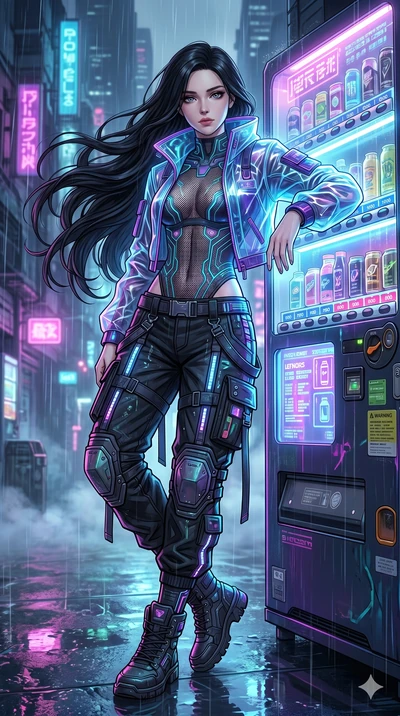 score_9, score_8_up, score_7_up, source_anime, masterpiece, best quality, ultra-detailed, same character with long flowing black hair, wearing cyberpunk streetwear including a translucent glowing jacket and techwear pants, full body shot leaning casu