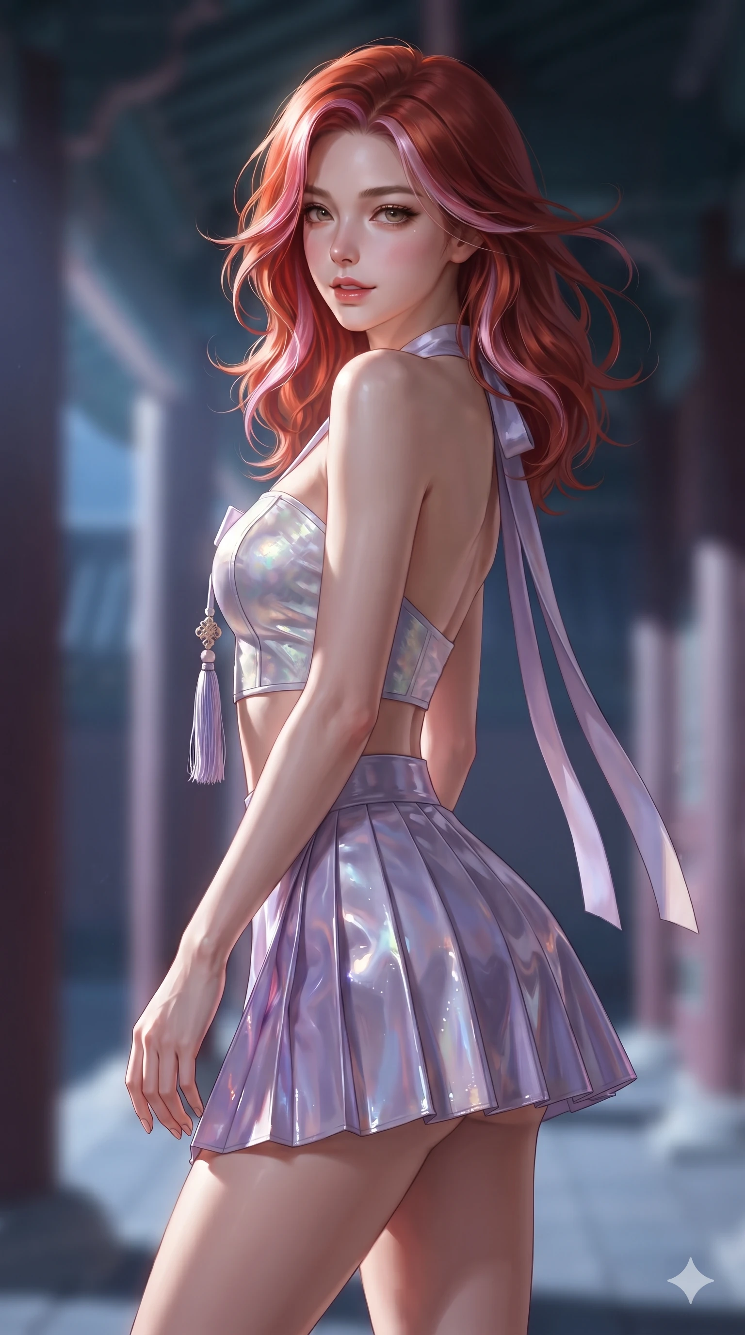 score_9, masterpiece, best quality, ultra-detailed, high-budget anime keyframe, editorial fashion photography, tasteful artistic composition, Caucasian woman. close-up cowboy shot from the waist and thighs up, the character dominates the composition, filling the frame with her large presence. turning slowly with an enchanting smoldering smile, her glossy hair tossing in the breeze as her hips angle gracefully in a captivating contrapposto while twisting her slender torso in an alluring S-curve beside the curved roof eaves, moonlight tracing her narrow waist and rounded hips. The background shows a soft-focus palace veranda corridor softened in linear architectural shallow focus. She has an exceptionally elegant, slender, and willowy female figure with an ultra-slim waist, flat toned midriff, narrow ribcage, and sculpted feminine hips creating an alluring, slim hourglass silhouette without bulk. sharp v-shaped jawline, high-bridge nose, sparkling eyes with hypnotic seductive depth, thick curled eyelashes, glossy parted lips with a natural dewy peach sheen, alluring bedroom-eyes with an enchanting coquettish smile, exuding magnetic siren charisma and sophisticated glamour, flawlessly proportioned anatomical accuracy, strict slender model proportions, natural body alignment, perfectly sculpted long slender limbs, ultra-slim waistline, clean dynamic posture without body distortion. wearing a modern boned hanbok bustier top with norigae tassel paired with an ultra-short micro-pleated silk wrap mini skirt in iridescent mother-of-pearl and misty lavender, crafted from wet-look high-gloss vinyl fabric with dazzling specular surface reflections, finished with long silk ribbon ties fluttering down her bare spine from a backless halter, the impeccably tailored cut draping gracefully along her slender figure with aristocratic eastern poise. bathed in high-contrast full-moon light streaming horizontally between veranda pillars. ultra-reflective glossy finish, specular highlights, rich textural contrasts, high-contrast stereoscopic depth, volumetric dynamic lighting, 2k, ultra detail, master piece, 9:16 ratio
