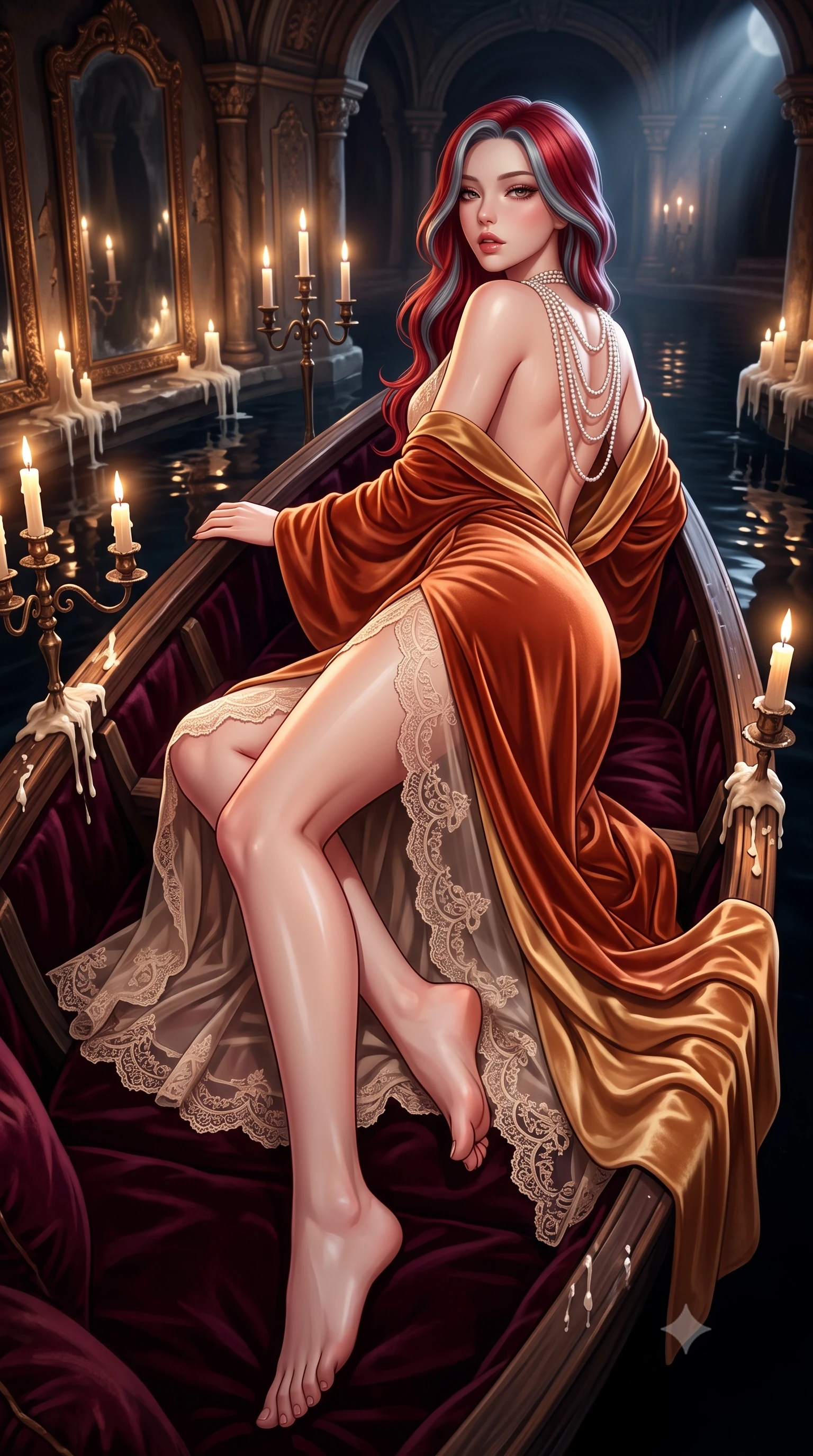 score_9, masterpiece, best quality, ultra-detailed, high-budget anime keyframe, semi-realistic 3D game render, editorial fashion photography, tasteful artistic composition, Caucasian woman. low angle full-body shot from head to toe showing her feet, filling the entire 9:16 vertical frame with her statuesque presence, stretching her vertical silhouette. striding forward in a proud supermodel runway stride, hips swaying in an alluring kinetic rhythm that accentuates her curvy hourglass silhouette while reclining languidly on an antique velvet-lined skiff floating on the subterranean black lake, arching her spine with one knee bent as candlelight traces her curvy hips. The surrounding environment is rendered in vivid detail and crisp panoramic clarity. detailed antique lace embroidery, mirror bevel clarity, and dripping candle wax beads in high clarity. She has an exceptionally tall and slender model-like 8.5-heads proportion, an ultra-slim waist, a flat toned midriff, narrow delicate ribcage, and beautifully sculpted feminine hips creating a graceful, slim hourglass silhouette without any bulky heaviness, with impossibly long slender legs. sharp v-shaped jawline, high-bridge nose, intricate jewel-like eyes with depth, thick eyelashes, glossy parted lips with a natural sheen, intensely captivating and seductive bedroom-eyes expression, flawlessly proportioned anatomical accuracy, strict slender model proportions, natural body alignment, perfectly sculpted long slender limbs, ultra-slim waistline, clean dynamic posture without body distortion. wearing a sheer vintage lace-trimmed slip dress layered under an open velvet robe with an ultra-high side slit in desert terracotta copper and sun-baked sand gold, tailored from liquid silk jersey adhering flawlessly to her slender build, accented with a multi-strand pearl back necklace cascading down her bare spine to her hips, the dramatically scooped open back descending to the base of her spine, accentuating her razor-sharp statuesque lines and slim hourglass silhouette. surrounded by an immortal, seductive, and dangerously mesmerizing underground opera queen aura. highly saturated vibrant anime colors, detailed shading with soft gradients, rich glossy textures, high-contrast stereoscopic depth, volumetric dynamic lighting, master piece, 9:16 ratio