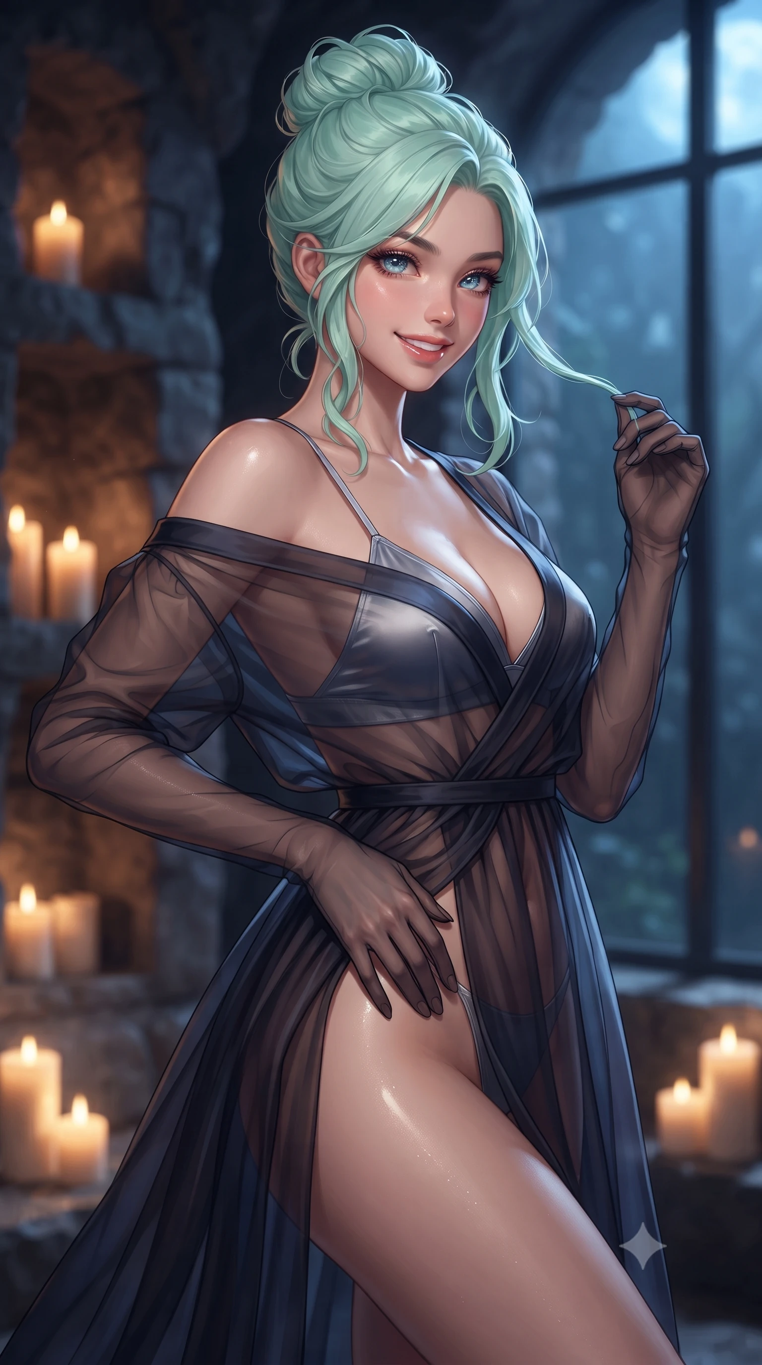 score_9, masterpiece, best quality, ultra-detailed, high-budget anime keyframe, editorial fashion photography, tasteful artistic composition, Japanese woman. close-up cowboy shot from the waist and thighs up, the character dominates the composition, filling the frame with her large presence. twisting her slender torso in an alluring contrapposto stance, one hand resting on her sculpted hip while her fingers toy with her hair with effortless poise while twisting her slender torso in an alluring contrapposto stance beside the candlelit stone niches, warm flickering light caressing her flat midriff. The background shows a soft-focus flickering pillar candles in carved wall alcoves softened in moody volcanic cave suite shallow focus. She has an exceptionally elegant, slender, and willowy female figure with an ultra-slim waist, flat toned midriff, narrow ribcage, and sculpted feminine hips creating an alluring, slim hourglass silhouette without bulk. sharp v-shaped jawline, high-bridge nose, intricate jewel-like sparkling eyes with depth, thick eyelashes, glossy parted lips with a natural peach sheen, bright cheerful beaming smile with an enchanting and coquettish sensual glint, exuding both youthful cute charm and seductive allure, flawlessly proportioned anatomical accuracy, strict slender model proportions, natural body alignment, perfectly sculpted long slender limbs, ultra-slim waistline, clean dynamic posture without body distortion. wearing a flowing gossamer silk organza boudoir peignoir slipping off one shoulder over a form-fitting satin bralette in Manhattan midnight obsidian and electric platinum, made of sheer gossamer chiffon that drapes softly against skin with airy translucence, complemented by sheer opera-length evening gloves tracing her slender arms, the precision-cut side openings and low-back scoop framing her graceful spine and the sensual sweep of her slim, toned hips. bathed in the intimate warm 2300K candlelight radiating from stone niches mixed with cool blue moonlight through glass. ultra-reflective glossy finish, specular highlights, rich textural contrasts, high-contrast stereoscopic depth, volumetric dynamic lighting, 2k, ultra detail, master piece, 9:16 ratio