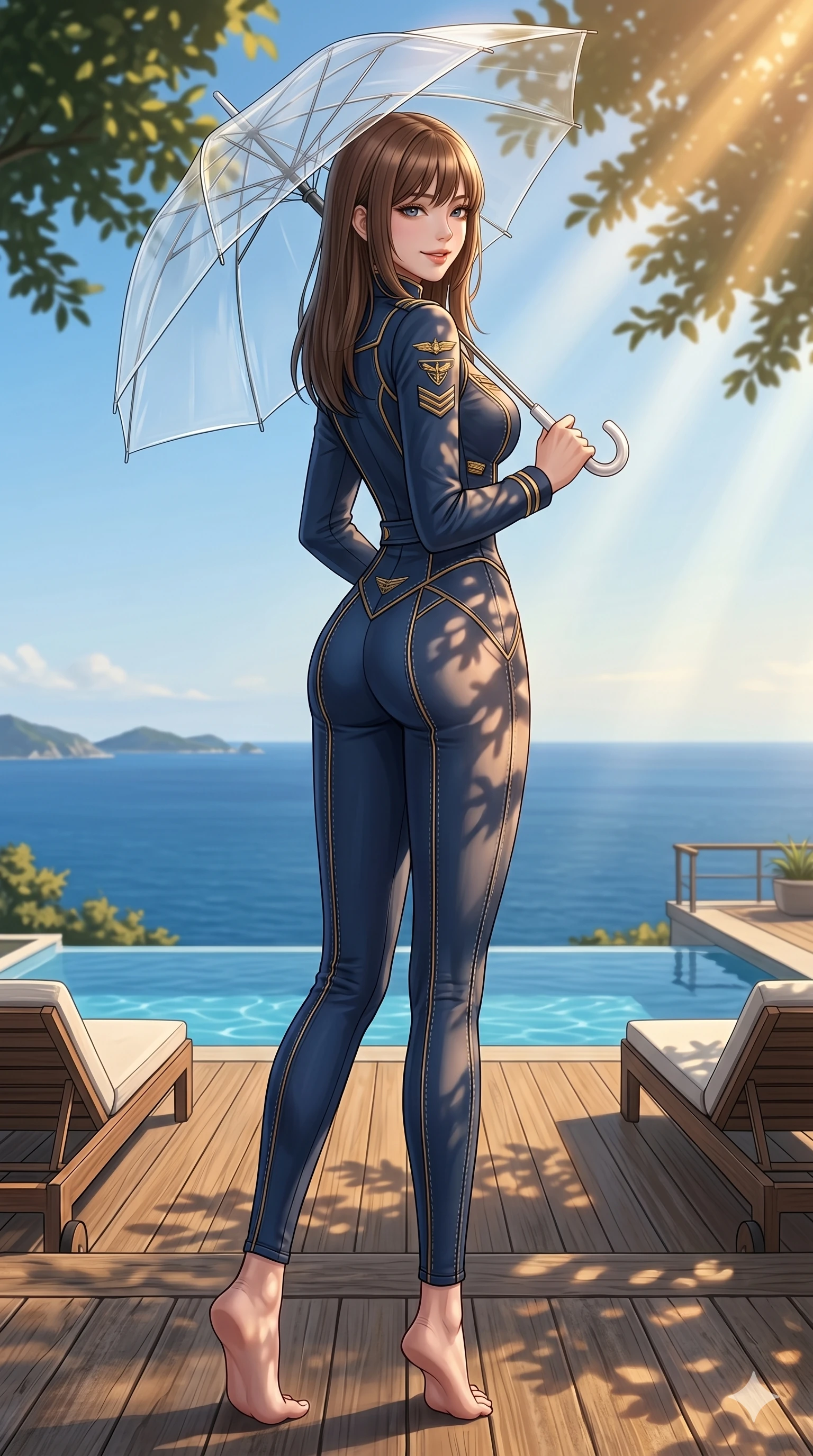 score_9, masterpiece, best quality, ultra-detailed, high-budget anime keyframe, editorial fashion photography, tasteful artistic composition, Korean woman. low angle full-body shot from head to toe showing her feet, filling the entire 9:16 vertical frame with her statuesque presence, stretching her vertical silhouette. holding a transparent umbrella, looking over her shoulder with a magnetic, teasing smile on a private sun-deck of a cliffside villa overlooking the blue ocean (Code-P18-037). She has an absolutely perfect 8-heads proportion, an exceptionally tall and slender female figure with impossibly long slender legs and an ultra-slim waist. V-shaped jawline, high-bridge nose, intricate jewel-like eyes with depth, thick eyelashes, glossy lips with a natural sheen. wearing a structured high-neck pilot suit with gold accents and neat stitching. bathed in warm, golden afternoon sunbeams, casting soft organic leaf shadows on her skin. 2k, ultra detail, master piece, 9:16 ratio