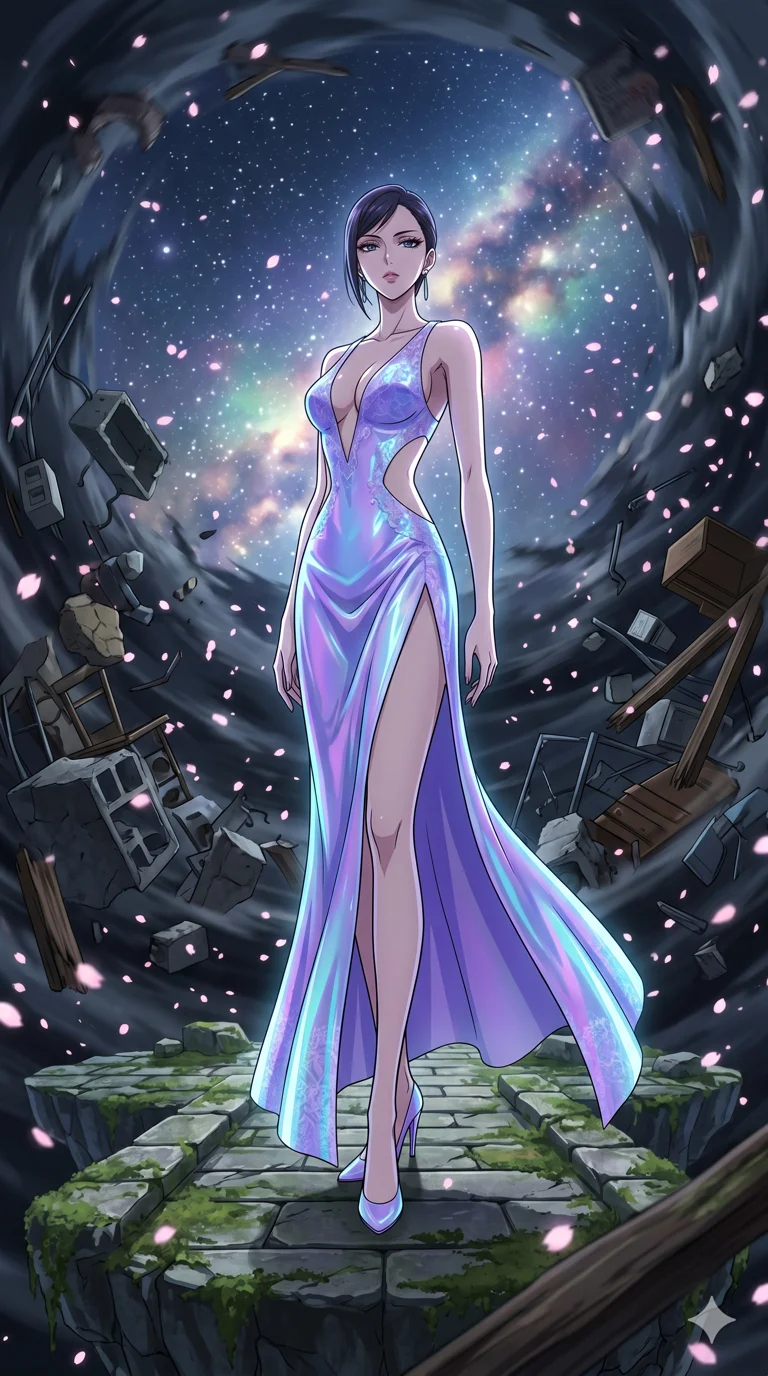score_9, masterpiece, best quality, ultra-detailed, High-budget Anime Keyframe, vibrant colors, fluid line-art, expressive lighting, cinematic composition, Ufotable-style visual effects, top-tier animation quality, Japanese woman with delicate and elegant anime-inspired features. Dynamic full-body shot stretching the vertical silhouette, capturing her from a powerful low-angle perspective. Standing in the eye of a terrifying hurricane with absolute calm, the debris of a destroyed city circling her in a violent vortex. She has an absolutely perfect 8-heads proportion, an exceptionally tall and slender female figure with impossibly long slender legs and an ultra-slim waist, her statuesque height and towering silhouette dominating the vertical 9:16 frame. Her face is a masterpiece featuring a sharp v-shaped jawline, high-bridge nose, intricate jewel-like eyes with depth, thick eyelashes, and glossy lips with a natural sheen. She is wearing a Holographic lace evening gown with a dangerously high slit and a plunging neckline crafted from Iridescent vinyl with a futuristic sheen that shifts between violet and cyan, featuring strategic side cut-outs that emphasize her ultra-slim waist and hips. The scene is set in an ancient floating island with pink cherry blossoms falling like snow against a blue sky, illuminated by flickering starlight and nebula glow providing a mystical and vast ambiance. 2k, ultra detail, master piece, 9:16 ratio