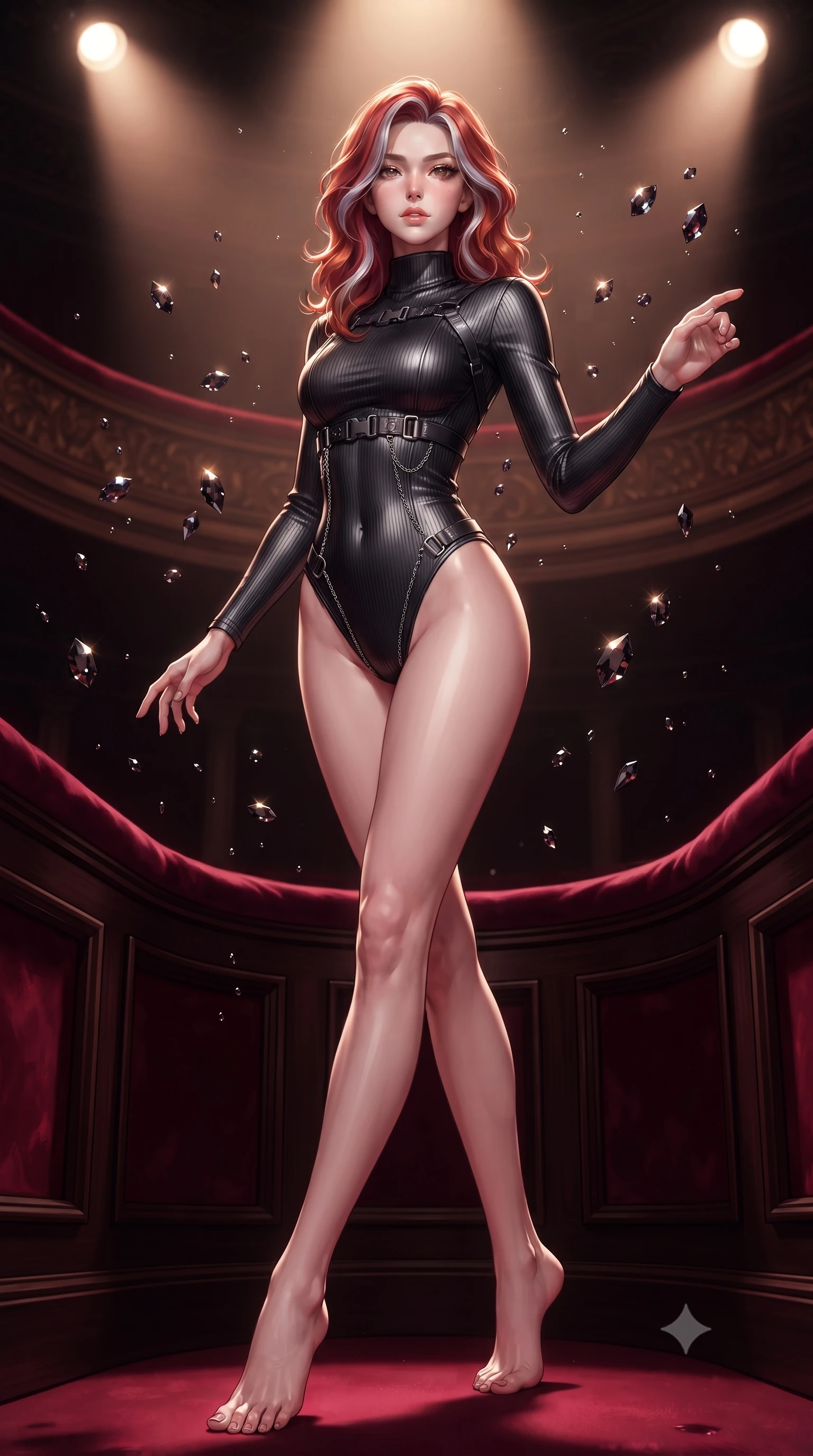score_9, masterpiece, best quality, ultra-detailed, high-budget anime keyframe, editorial fashion photography, tasteful artistic composition, Caucasian woman. low angle full-body shot from head to toe showing her feet, filling the entire 9:16 vertical frame with her statuesque presence, stretching her vertical silhouette. interacting with floating dark crystal particles, her long slender legs poised in motion, standing on a secluded private opera box balcony lined with deep crimson velvet, dramatic theatrical stage spotlight casting intense key light from afar. She has an absolutely perfect, statuesque 8.5-heads proportion, an exceptionally tall and slender model-like female figure with impossibly long slender legs and an ultra-slim waist. sharp v-shaped jawline, high-bridge nose, intricate jewel-like eyes with depth, thick eyelashes, glossy lips with a natural sheen. wearing sleek high-neck ribbed activewear bodysuit in matte black in metallic dark silver, made of liquid dark mercury jersey, framed by dark titanium buckles and silver chain details, contouring every curve with an exceptionally elegant silhouette. lit by intense warm spotlight contrasting with deep dark mahogany shadows. highly saturated vibrant anime colors, detailed shading with soft gradients, rich glossy textures, high-contrast stereoscopic depth, volumetric dynamic lighting, master piece, 9:16 ratio