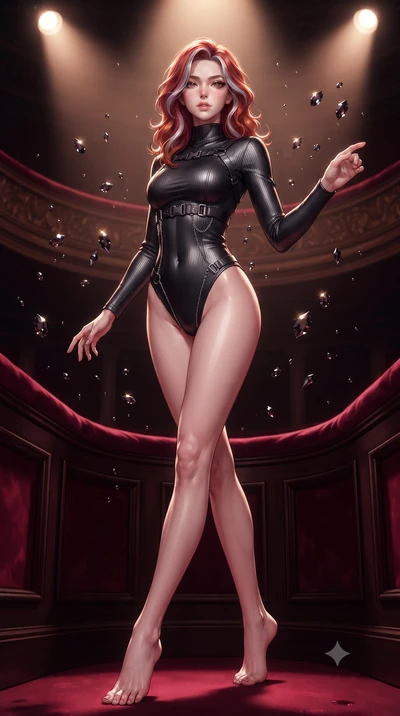 score_9, masterpiece, best quality, ultra-detailed, high-budget anime keyframe, editorial fashion photography, tasteful artistic composition, Caucasian woman. low angle full-body shot from head to toe showing her feet, filling the entire 9:16 vertica