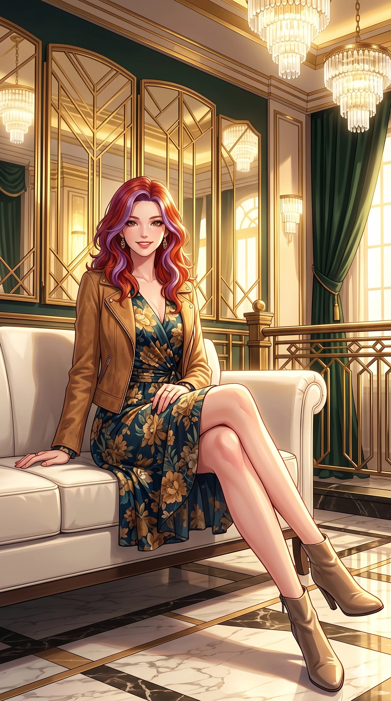 score_9, masterpiece, best quality, ultra-detailed, high-budget anime keyframe, vibrant anime aesthetic, Caucasian woman, strictly human ears. low angle full-body shot from head to toe showing her feet, filling the entire 9:16 vertical frame with her statuesque presence, stretching her vertical silhouette. She is sitting on a white sofa with a happy, radiant smile, looking directly at the viewer inside an elegant art deco theater lobby with golden mirrors and bright crystal chandeliers (Code-P21-008). She has an absolutely perfect 8-heads proportion, an exceptionally tall and slender female figure with impossibly long slender legs and an ultra-slim waist. V-shaped jawline, high-bridge nose, intricate jewel-like eyes with depth, thick eyelashes, glossy lips with a natural sheen. wearing a floral print wrap dress with long sleeves and a suede jacket. She is bathed in a luminous, warm sunshine highlighting her winter silhouette and features. 2k, ultra detail, master piece, 9:16 ratio