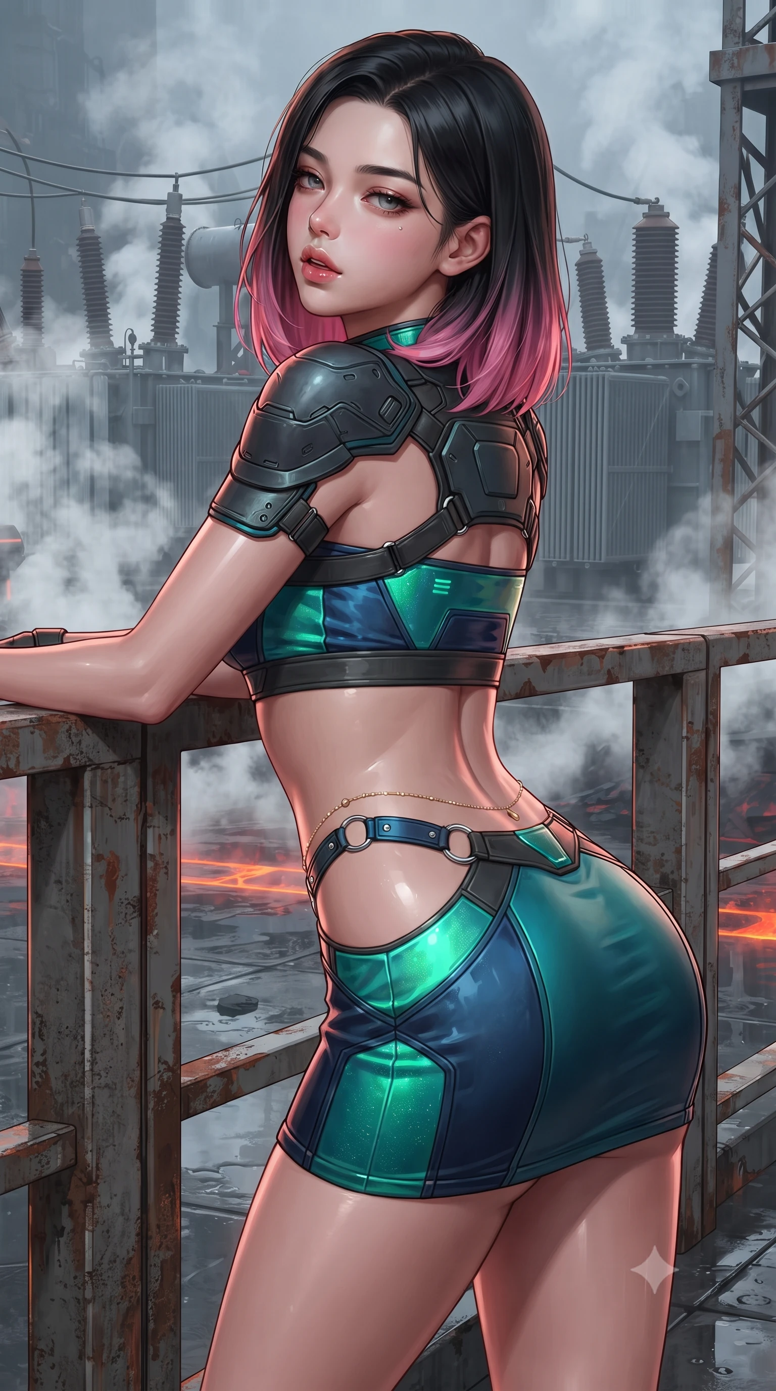 score_9, masterpiece, best quality, ultra-detailed, high-budget anime keyframe, editorial fashion photography, tasteful artistic composition, Korean woman. close-up cowboy shot from the waist and thighs up, the character dominates the composition, filling the frame with her large presence. posing in an alluring rear three-quarter angle, looking over a bare shoulder with parted glossy lips, her hips cocked back to highlight her slim hourglass curve while leaning against the weathered industrial rail with hips cocked back, looking through rising volcanic steam at towering electrical transformers with heavy-lidded bedroom-eyes. The surrounding environment is rendered in vivid detail and crisp panoramic clarity: detailed tactical coat tailoring, metallic hardware accents, and brutalist oceanic engineering in razor-sharp precision. She has an exceptionally elegant, slender, and willowy female figure with an ultra-slim waist, flat toned midriff, narrow ribcage, and sculpted feminine hips creating an alluring, slim hourglass silhouette without bulk. sharp v-shaped jawline, high-bridge nose, intricate jewel-like sparkling eyes with depth, thick eyelashes, glossy parted lips with a natural peach sheen, bright cheerful beaming smile with an enchanting and coquettish sensual glint, exuding both youthful cute charm and seductive allure, flawlessly proportioned anatomical accuracy, strict slender model proportions, natural body alignment, perfectly sculpted long slender limbs, ultra-slim waistline, clean dynamic posture without body distortion. wearing an ultra-cropped tactical tech-wear bandeau top with molded shoulder armor paired with a micro mini skirt revealing her flat toned midriff in bioluminescent emerald and abyssal sapphire, adorned with delicate chrome ring hardware and cutouts along her slender waist, accented with a dainty gold belly chain resting across her flat midriff and curving hips, the form-contouring silhouette accentuating her sculpted flat midriff, narrow delicate ribcage, and gracefully curvy hips with intoxicating allure. illuminated by wet basalt deck reflection bounce and sharp magma-orange rim lights sculpting her razor-sharp jawline, narrow waist, and curvy hips. ultra-reflective glossy finish, specular highlights, rich textural contrasts, high-contrast stereoscopic depth, volumetric dynamic lighting, 2k, ultra detail, master piece, 9:16 ratio