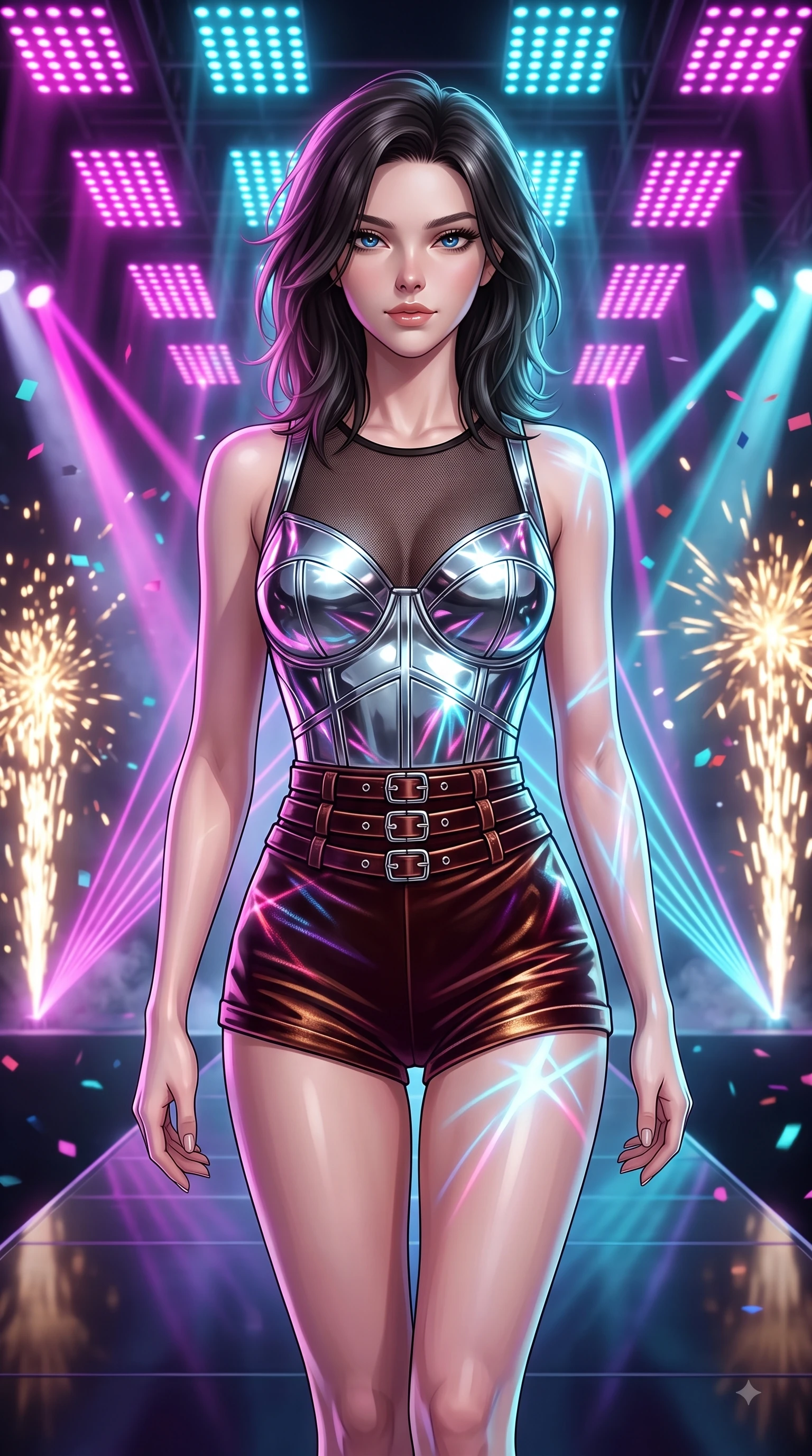 score_9, masterpiece, best quality, ultra-detailed, high-budget anime keyframe, editorial fashion photography, tasteful artistic composition, Korean woman. close-up cowboy shot from the waist and thighs up, the character dominates the composition, filling the frame with her large presence, background elements kept in soft focus. Casting a seductive sidelong gaze over her bare shoulder with heavy lashes and a composed half-smile while walking down a shiny dark stage catwalk under pulsing magenta and cyan LED arrays, intense volumetric laser beams cutting through stage fog in magenta and cyan. She has an exceptionally elegant, slender, and willowy female figure with an ultra-slim waist, a gracefully sculpted slender torso, and a refined silhouette. sharp v-shaped jawline, high-bridge nose, intricate jewel-like eyes with depth, thick eyelashes, glossy lips with a natural sheen, flawlessly proportioned anatomical accuracy, natural body alignment, perfectly sculpted elegant limbs, clean dynamic posture without body distortion. wearing a chrome-plated structured bodice worn over a sheer mesh top and micro-shorts in deep burgundy and bronze, made of premium stretch velvet with a rich sheen, detailed with polished silver buckles along the waistline, the sleek second-skin texture accentuating her magnetic presence. illuminated by golden spark explosions and high-contrast concert lighting. ultra-reflective glossy finish, specular highlights, metallic sheen, high-contrast stereoscopic depth, volumetric dynamic lighting, 2k, ultra detail, master piece, 9:16 ratio