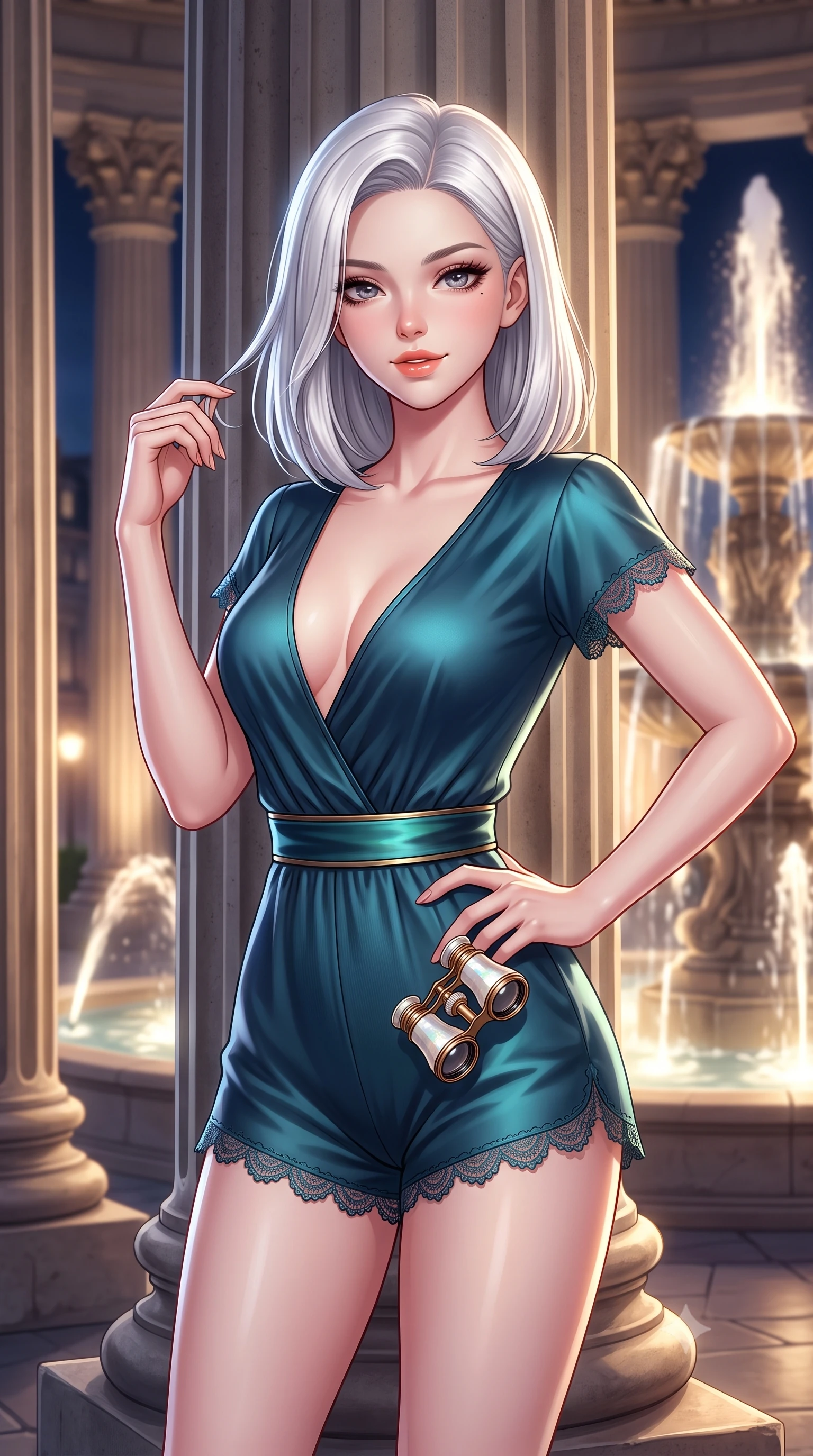 score_9, masterpiece, best quality, ultra-detailed, high-budget anime keyframe, semi-realistic 3D game render, editorial fashion photography, tasteful artistic composition, Korean woman. close-up cowboy shot from the waist and thighs up, the character dominates the composition, filling the frame with her large presence. twisting her slender torso in an alluring contrapposto stance, one hand resting on her sculpted hip while her fingers toy with her hair with effortless poise while standing between massive classical fluted columns overlooking the illuminated fountains, arching her spine with sovereign nighttime grace. The background shows a soft-focus monumental stone column capitals softened in romantic Parisian night shallow focus. She has an exceptionally elegant, slender, and willowy female figure with an ultra-slim waist, flat toned midriff, narrow ribcage, and sculpted feminine hips creating an alluring, slim hourglass silhouette without bulk. sharp v-shaped jawline, high-bridge nose, sparkling eyes with hypnotic seductive depth, thick curled eyelashes, glossy parted lips with a natural dewy peach sheen, alluring bedroom-eyes with an enchanting coquettish smile, exuding magnetic siren charisma and sophisticated glamour, flawlessly proportioned anatomical accuracy, strict slender model proportions, natural body alignment, perfectly sculpted long slender limbs, ultra-slim waistline, clean dynamic posture without body distortion. wearing a deep V-neck silk satin ballerina romper with scalloped eyelash-lace hems and a cinched satin waist ribbon in iridescent peacock teal and burnished antique brass, tailored from fine ribbed modal knit with gentle elastic contouring and soft hand-feel, accented with an antique mother-of-pearl opera glass held casually in one hand, the second-skin tailored fabric adhering flawlessly to her sculpted flat midriff and slender torso, emphasizing her long leg lines and perfectly proportioned willowy build. illuminated by fountain water caustic bounce and sharp platinum rim lights sculpting her delicate clavicles, narrow waist, and curvy hips. highly saturated vibrant anime colors, detailed shading with soft gradients, rich glossy textures, high-contrast stereoscopic depth, volumetric dynamic lighting, master piece, 9:16 ratio