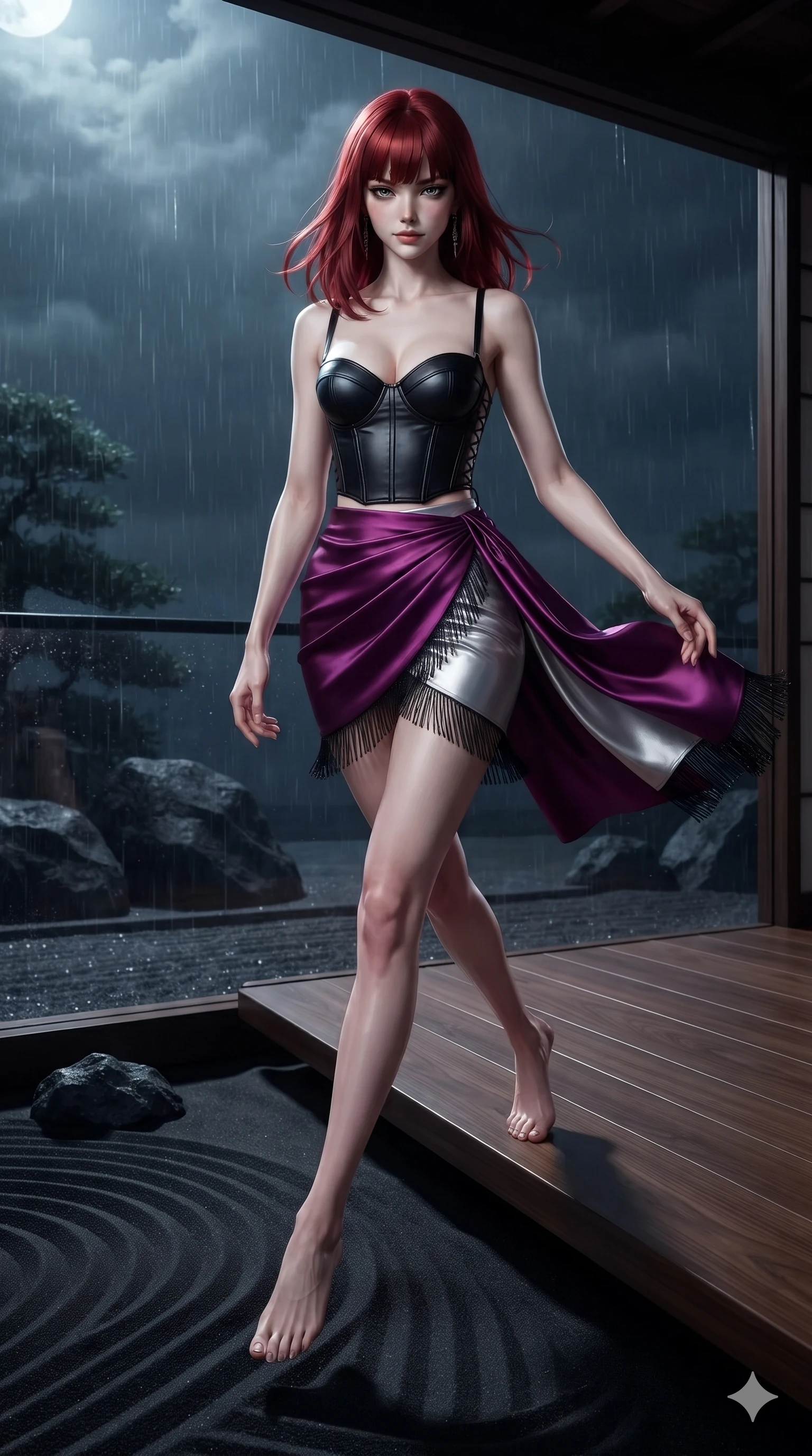 score_9, masterpiece, best quality, ultra-detailed, high-budget anime keyframe, editorial fashion photography, tasteful artistic composition, Caucasian woman. low angle full-body shot from head to toe showing her feet, filling the entire 9:16 vertical frame with her statuesque presence, stretching her vertical silhouette. striding across the rain-swept glass terrace, nocturnal breezes whipping her garments open to accentuate her long slender legs and curvy hips while sitting poised on the polished wooden veranda edge with legs dangling over the dark sand ripples, casting an intoxicating, heavy-lidded gaze. The surrounding environment is rendered in vivid detail and crisp panoramic clarity: sharp raked sand ridge crests, rough volcanic boulder surfaces, and polished cypress wood grain in deep focus. She has an absolutely perfect, statuesque 8.5-heads proportion, an exceptionally tall and slender model-like female figure with impossibly long slender legs, an ultra-slim waist, a flat toned midriff, narrow delicate ribcage, and beautifully sculpted feminine hips creating a graceful, slim hourglass silhouette without any bulky heaviness. sharp v-shaped jawline, high-bridge nose, intricate jewel-like dark sparkling eyes with hypnotic seductive depth, thick curled eyelashes, glossy parted lips with a natural wine sheen, alluring bedroom-eyes with an enigmatic smoldering smile, exuding magnetic sovereign charisma and dark avant-garde glamour, flawlessly proportioned anatomical accuracy, strict slender model proportions, natural body alignment, perfectly sculpted long slender limbs, ultra-slim waistline, clean dynamic posture without body distortion. wearing a structured underwire leather bustier top paired with an ultra-short draped wrap mini skirt in royal amaranth purple and liquid platinum, featuring fine criss-cross satin back lacing tracing her slender spine, finished with delicate jet-black micro-fringe fluttering softly along her hips with each step, the bespoke structured tailoring following the natural line of her 8.5-heads silhouette with refined elegance. illuminated by moonlit sand ripple bounce and sharp silver-topaz rim lights defining her razor-sharp jawline, narrow waist, and curvy hips. ultra-reflective glossy finish, specular highlights, metallic sheen, high-contrast stereoscopic depth, volumetric dynamic lighting, 2k, ultra detail, master piece, 9:16 ratio