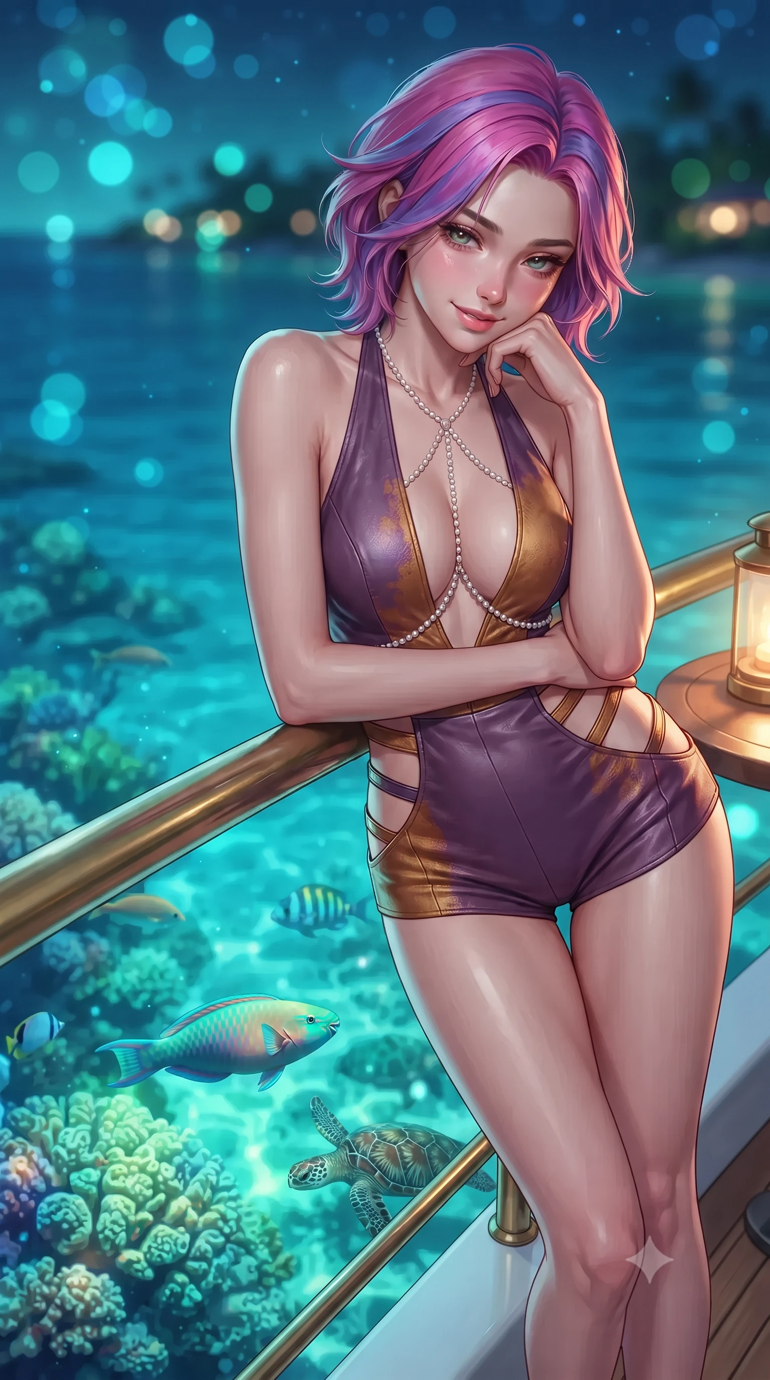 score_9, masterpiece, best quality, ultra-detailed, high-budget anime keyframe, editorial fashion photography, tasteful artistic composition, Caucasian woman. close-up cowboy shot from the waist and thighs up, the character dominates the composition, filling the frame with her large presence. resting one elbow on the table and supporting her chin, leaning close to the camera with heavy-lidded sparkling eyes and parted lips while leaning against the nautical brass rail with hips cocked back, looking down at illuminated tropical parrotfish and sea turtles with smoldering bedroom-eyes. The background shows a soft-focus crystal-clear turquoise Caribbean waters with illuminated brain coral and swimming tropical fish below, distant island lights, blurred into cyan, emerald, and sapphire bokeh. She has an exceptionally elegant, slender, and willowy female figure with an ultra-slim waist, flat toned midriff, narrow ribcage, and sculpted feminine hips creating an alluring, slim hourglass silhouette without bulk. sharp v-shaped jawline, high-bridge nose, intricate jewel-like sparkling eyes with depth, thick eyelashes, glossy parted lips with a natural peach sheen, bright cheerful beaming smile with an enchanting and coquettish sensual glint, exuding both youthful cute charm and seductive allure, flawlessly proportioned anatomical accuracy, strict slender model proportions, natural body alignment, perfectly sculpted long slender limbs, ultra-slim waistline, clean dynamic posture without body distortion. wearing a daring low-cut halterneck romper with exposed midriff and strappy hip cutouts in Scottish Highlands heather thistle purple and antique hearth ember gold, woven from buttery-soft stretch lambskin leather adhering to her body like a second skin, accented with a pearl-drop body harness subtly framing her dewy collarbones and spine, the form-contouring silhouette accentuating her sculpted flat midriff, narrow delicate ribcage, and gracefully curvy hips with intoxicating allure. bathed in underwater reef cyan-and-green LEDs shining upward contrasted with warm 2700K deck lanterns and clear tropical starlight. ultra-reflective glossy finish, specular highlights, rich textural contrasts, high-contrast stereoscopic depth, volumetric dynamic lighting, 2k, ultra detail, master piece, 9:16 ratio