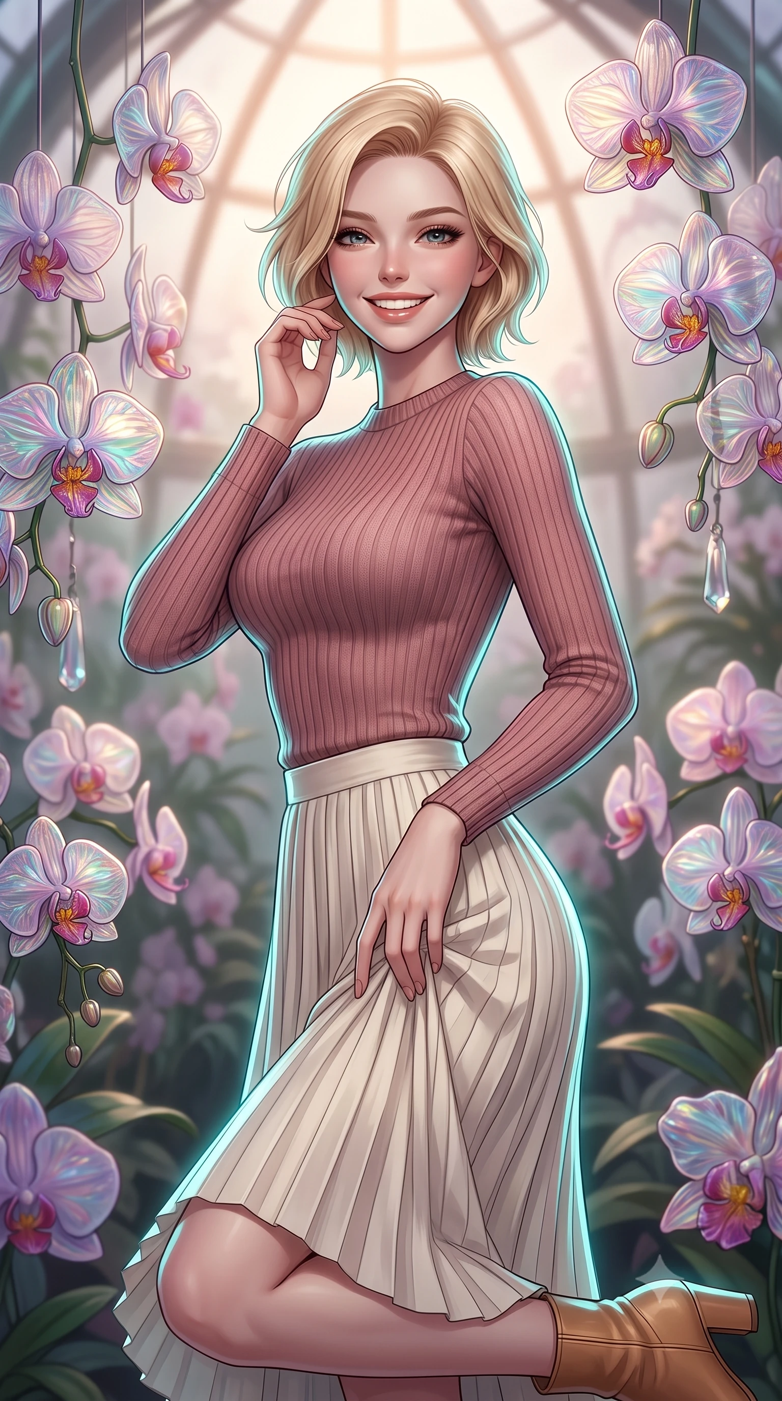 score_9, masterpiece, best quality, ultra-detailed, high-budget anime keyframe, editorial fashion photography, tasteful artistic composition, Caucasian woman, strictly human ears. close-up cowboy shot from the waist and thighs up, the character dominates the composition, filling the frame with her large presence, background elements kept in soft focus. Beaming with a wide, friendly smile that lights up her entire face. set against a soft-focus background of inside a misty cloud forest greenhouse dome where the orchids are made of hand-blown iridescent glass, chiming gently in the soft breeze. She has an exceptionally elegant, slender, and willowy female figure with a highly-defined ultra-slim waist, a gracefully sculpted slender torso, and a refined slim-fit silhouette that contours her form. sharp v-shaped jawline, high-bridge nose, intricate jewel-like eyes with depth, thick eyelashes, glossy lips with a natural sheen. wearing a tight-fit dusty rose ribbed knit sweater paired with a flowing ivory pleated midi skirt and tan ankle boots. brilliant cinematic volumetric lighting with intense neon rim light outlining her form. 2k, ultra detail, master piece, 9:16 ratio