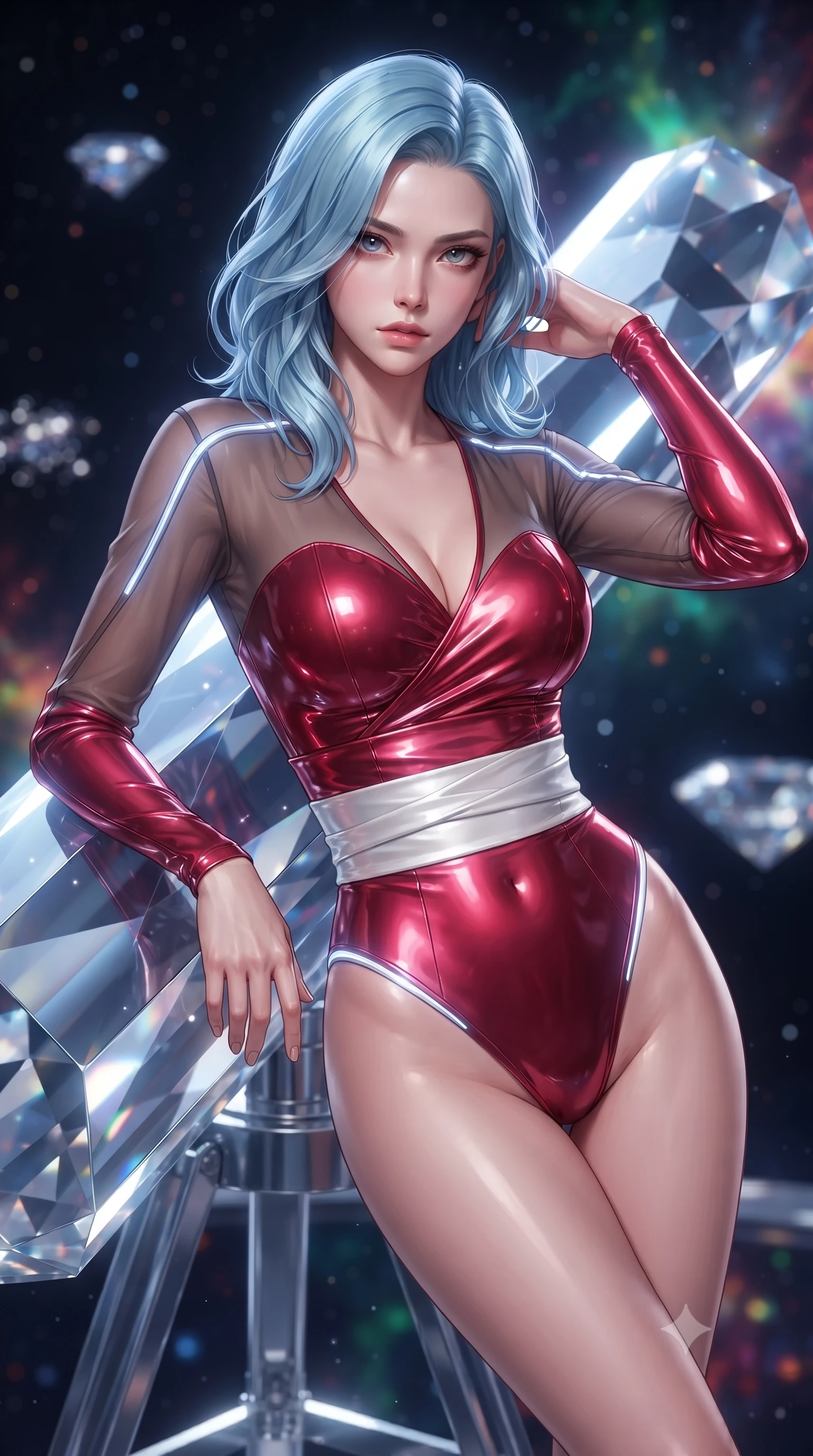 score_9, masterpiece, best quality, ultra-detailed, high-budget anime keyframe, editorial fashion photography, tasteful artistic composition, Korean woman. close-up cowboy shot from the waist and thighs up, the character dominates the composition, filling the frame with her large presence. gazing directly into the lens with bedroom eyes and a breathtaking, dangerous allure that commands the entire composition while leaning against a giant diamond prism telescope with an alluring, celestial gaze looking directly into the camera. The composition keeps background elements in soft focus with creamy bokeh. diamond-glass platforms and orbiting star clusters softened in smooth cosmic atmospheric focus. She has an exceptionally elegant, slender, and willowy female figure with an ultra-slim waist, a gracefully sculpted slender torso, toned flat midriff, and a refined slim silhouette. sharp v-shaped jawline, high-bridge nose, intricate jewel-like eyes with depth, thick eyelashes, glossy lips with a natural sheen, flawlessly proportioned anatomical accuracy, strict slender model proportions, natural body alignment, perfectly sculpted long slender limbs, ultra-slim waistline, clean dynamic posture without body distortion. wearing a shortened cyber-fusion wrap top with transparent chiffon panels, a deep crossover neckline, and a high-waisted metallic sash that accentuates her ultra-slim waist in radiant crimson silk and crisp snow white, crafted from ultra-reflective second-skin latex with a high-gloss glass-like polish, accented with glowing fiber-optic seams tracing her collarbones and hip curves, the sleek second-skin cut tightly hugging her graceful clavicle, narrow waist, and feminine curves with athletic precision. bathed in radiant starlight brilliance and multi-colored nebula ambient illumination. ultra-reflective glossy finish, specular highlights, metallic sheen, high-contrast stereoscopic depth, volumetric dynamic lighting, 2k, ultra detail, master piece, 9:16 ratio