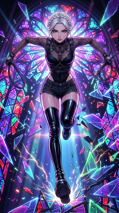 score_9, masterpiece, best quality, ultra-detailed, high-budget anime movie keyframe, cinematic anime lighting, intricate line art, Japanese woman. Extreme high angle shot as she leaps towards the camera, filling the frame. leaping across shattered s