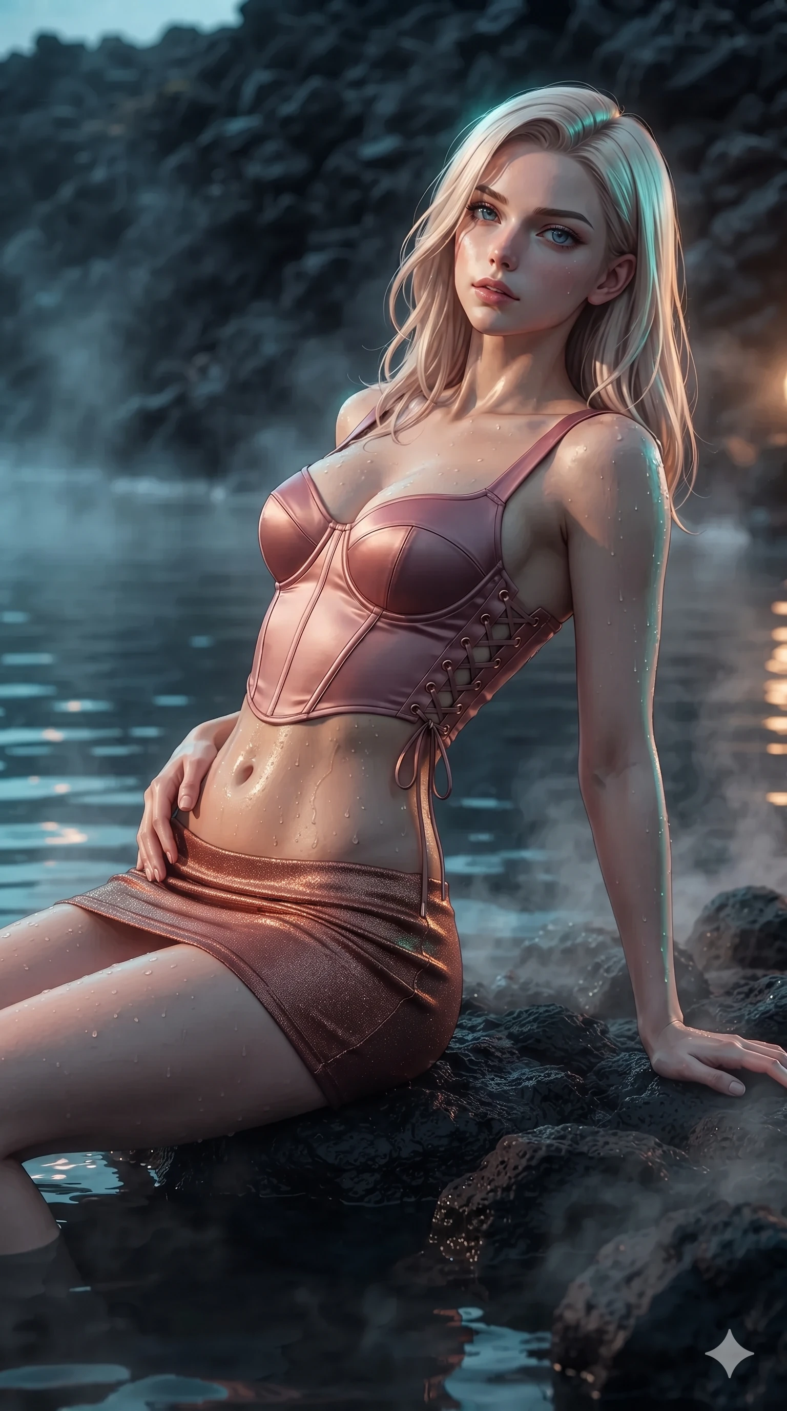 score_9, masterpiece, best quality, ultra-detailed, high-budget anime keyframe, editorial fashion photography, tasteful artistic composition, Caucasian woman. close-up cowboy shot from the waist and thighs up, the character dominates the composition, filling the frame with her large presence. arching her spine backward with effortless dancer poise, one hand sliding along her hip line as directional light carves specular highlights along her silhouette while sitting on the black basalt rock rim of the steaming geothermal lagoon, water droplets beading on her flat midriff and curvy hips as steam rises into the night air. The surrounding environment is rendered in vivid detail and crisp panoramic clarity: detailed wet-look silk wrap tailoring, fine mesh accents, and architectural rooftop infinity pool design in razor-sharp clarity. She has an exceptionally elegant, slender, and willowy female figure with an ultra-slim waist, flat toned midriff, narrow ribcage, and sculpted feminine hips creating an alluring, slim hourglass silhouette without bulk. sharp v-shaped jawline, high-bridge nose, intricate jewel-like sparkling eyes with depth, thick eyelashes, glossy parted lips with a natural sheen, intensely captivating and seductive bedroom-eyes expression, exuding both youthful cute charm and sovereign luxury allure, flawlessly proportioned anatomical accuracy, strict slender model proportions, natural body alignment, perfectly sculpted long slender limbs, ultra-slim waistline, clean dynamic posture without body distortion. wearing a sculpted matte satin underwire crop corset with lace-up side ties paired with a low-rise micro skirt in rose-quartz blush and burnished copper, woven from stretch metallic lurex jersey casting radiant starlight glints across her curves, complemented by strappy stiletto sandals with metallic ankle wraps accentuating her slender calves, the form-contouring cut accentuating her sculpted flat midriff, narrow delicate ribcage, and gracefully curvy hips with intoxicating allure. illuminated by water surface ripple reflections and sharp turquoise-amber rim lights carving her sculpted collarbones, ultra-slim waist, and curvy hips. ultra-reflective glossy finish, specular highlights, rich textural contrasts, high-contrast stereoscopic depth, volumetric dynamic lighting, 2k, ultra detail, master piece, 9:16 ratio