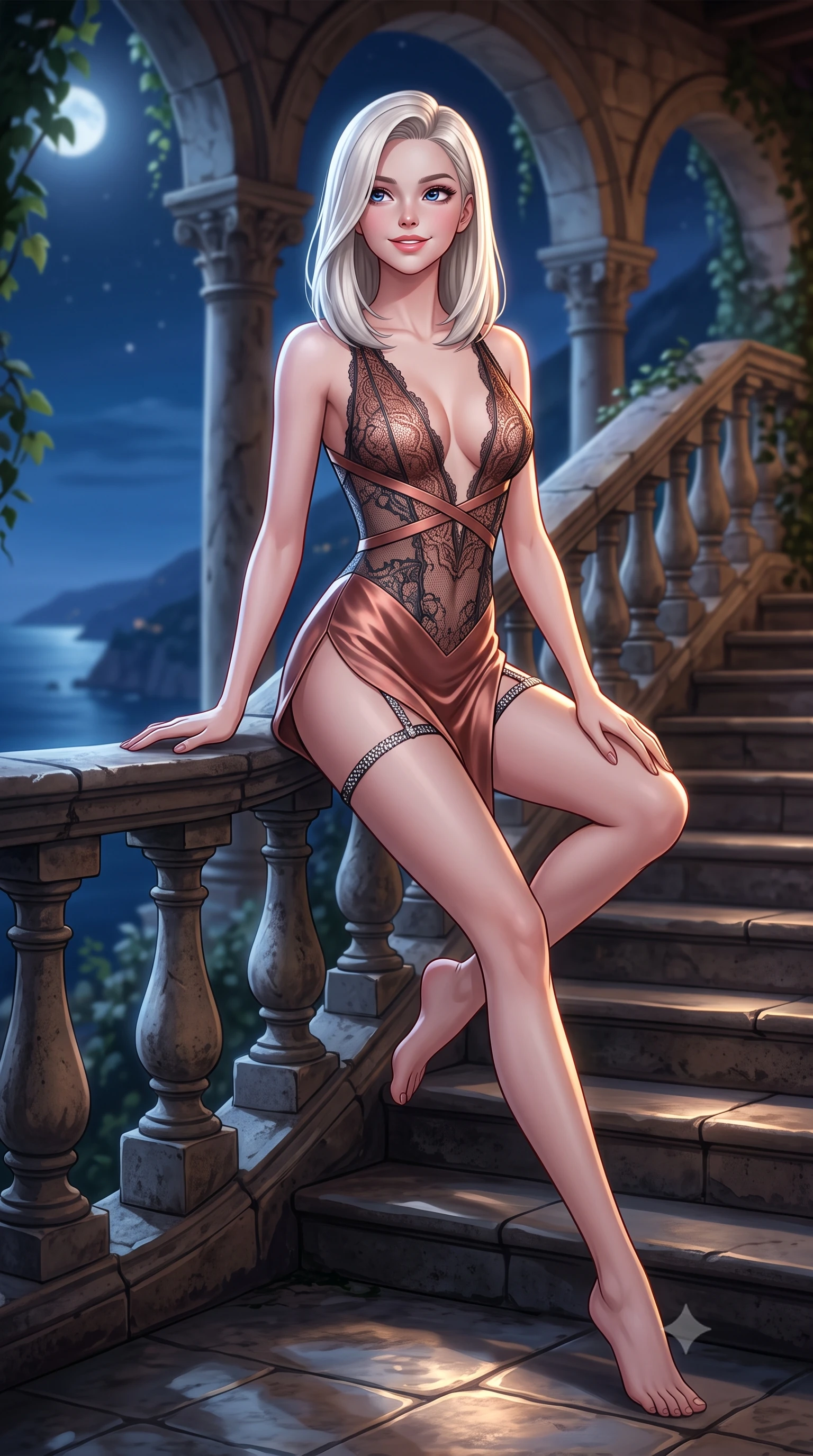 score_9, masterpiece, best quality, ultra-detailed, high-budget anime keyframe, semi-realistic 3D game render, editorial fashion photography, tasteful artistic composition, Caucasian woman. low angle full-body shot from head to toe showing her feet, filling the entire 9:16 vertical frame with her statuesque presence, stretching her vertical silhouette. sitting poised on the stone steps with one knee bent, arching her spine with supermodel elegance as she glances upward through thick eyelashes while leaning against the ancient stone balustrade with hips cocked back, looking over moonlit coastal headlands with heavy-lidded bedroom-eyes. The background shows a soft-focus hanging stone arches softened in historic Ravello cliffside sanctuary shallow focus. She has an exceptionally tall and slender model-like 8.5-heads proportion, an ultra-slim waist, a flat toned midriff, narrow delicate ribcage, and beautifully sculpted feminine hips creating a graceful, slim hourglass silhouette without any bulky heaviness, with impossibly long slender legs. sharp v-shaped jawline, high-bridge nose, intricate jewel-like sparkling eyes with depth, thick eyelashes, glossy parted lips with a natural peach sheen, bright cheerful beaming smile with an enchanting and coquettish sensual glint, exuding both youthful cute charm and seductive allure, flawlessly proportioned anatomical accuracy, strict slender model proportions, natural body alignment, perfectly sculpted long slender limbs, ultra-slim waistline, clean dynamic posture without body distortion. wearing an ultra-daring sheer macramé lace bodysuit with deep plunge neckline and criss-cross strappy torso details in sultry copper rose and deep shadow charcoal, crafted from fluid liquid silk satin that clings smoothly to her narrow waist and rounded hips with a dewy sheen, finished with delicate crystal-encrusted thigh garter straps glinting in the dim light, the high-slit wrap tailoring accentuating her ultra-slim waistline and the enchanting curve of her feminine hips with alluring seductive charm. illuminated by terrace stone bounce and sharp champagne-gold rim lights defining her dewy collarbones, ultra-slim waist, and curvy hips. highly saturated vibrant anime colors, detailed shading with soft gradients, rich glossy textures, high-contrast stereoscopic depth, volumetric dynamic lighting, master piece, 9:16 ratio