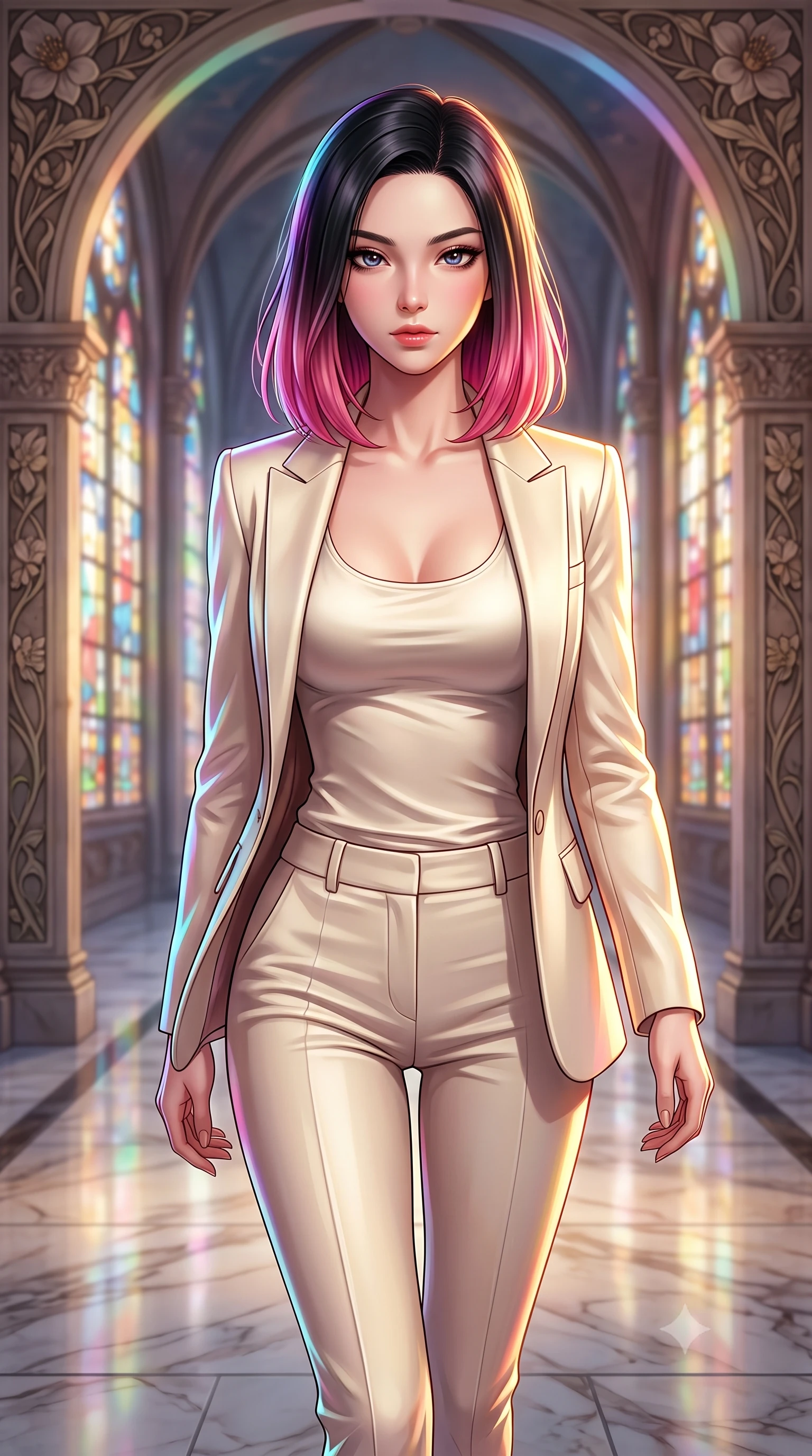 score_9, masterpiece, best quality, ultra-detailed, high-budget anime keyframe, editorial fashion photography, tasteful artistic composition, Korean woman. close-up cowboy shot from the waist and thighs up, the character dominates the composition, filling the frame with her large presence, background elements kept in soft focus. Leaning slightly forward with a composed, seductive gaze under soft glowing light walking down a polished marble nave lined with tall stained glass arcades, intricate floral Art Nouveau motifs decorating the surrounding stone. She has an exceptionally elegant, slender, and willowy female figure with an ultra-slim waist, a gracefully sculpted slender torso, and a refined silhouette. sharp v-shaped jawline, high-bridge nose, intricate jewel-like eyes with depth, thick eyelashes, glossy lips with a natural sheen. wearing a tailored cream silk blazer over a form-contouring scoop-neck top and fitted trousers, the elegant draped fit framing her graceful clavicle and slender torso. illuminated by a warm golden key light and brilliant multi-color rim light. highly saturated vibrant anime colors, detailed shading with soft gradients, rich glossy textures, high-contrast stereoscopic depth, volumetric dynamic lighting, master piece, 9:16 ratio