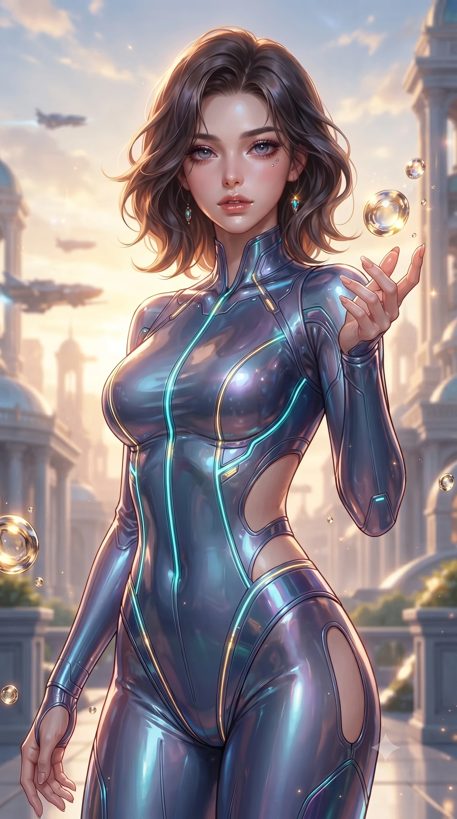 score_9, masterpiece, best quality, ultra-detailed, high-budget anime keyframe, editorial fashion photography, tasteful artistic composition, Korean woman. close-up cowboy shot from the waist and thighs up, the character dominates the composition, filling the frame with her large presence, background elements kept in soft focus. Reaching one hand gracefully toward the viewer with effortless superiority and allure interacting with floating golden water Orbs in a cloudtop palace court, golden hour sunbursts creating a majestic rim lighting effect. She has an exceptionally elegant, slender, and willowy female figure with an ultra-slim waist, a gracefully sculpted slender torso, and a refined silhouette. sharp v-shaped jawline, high-bridge nose, intricate jewel-like eyes with depth, thick eyelashes, glossy lips with a natural sheen. wearing a skin-tight cybernetic bodysuit with glowing neon seams and suggestive side cutouts, the sleek second-skin texture accentuating her magnetic presence. surrounded by a bright, luxurious aura of warm sunshine and sky reflections. ultra-reflective glossy finish, specular highlights, metallic sheen, high-contrast stereoscopic depth, volumetric dynamic lighting, 2k, ultra detail, master piece, 9:16 ratio