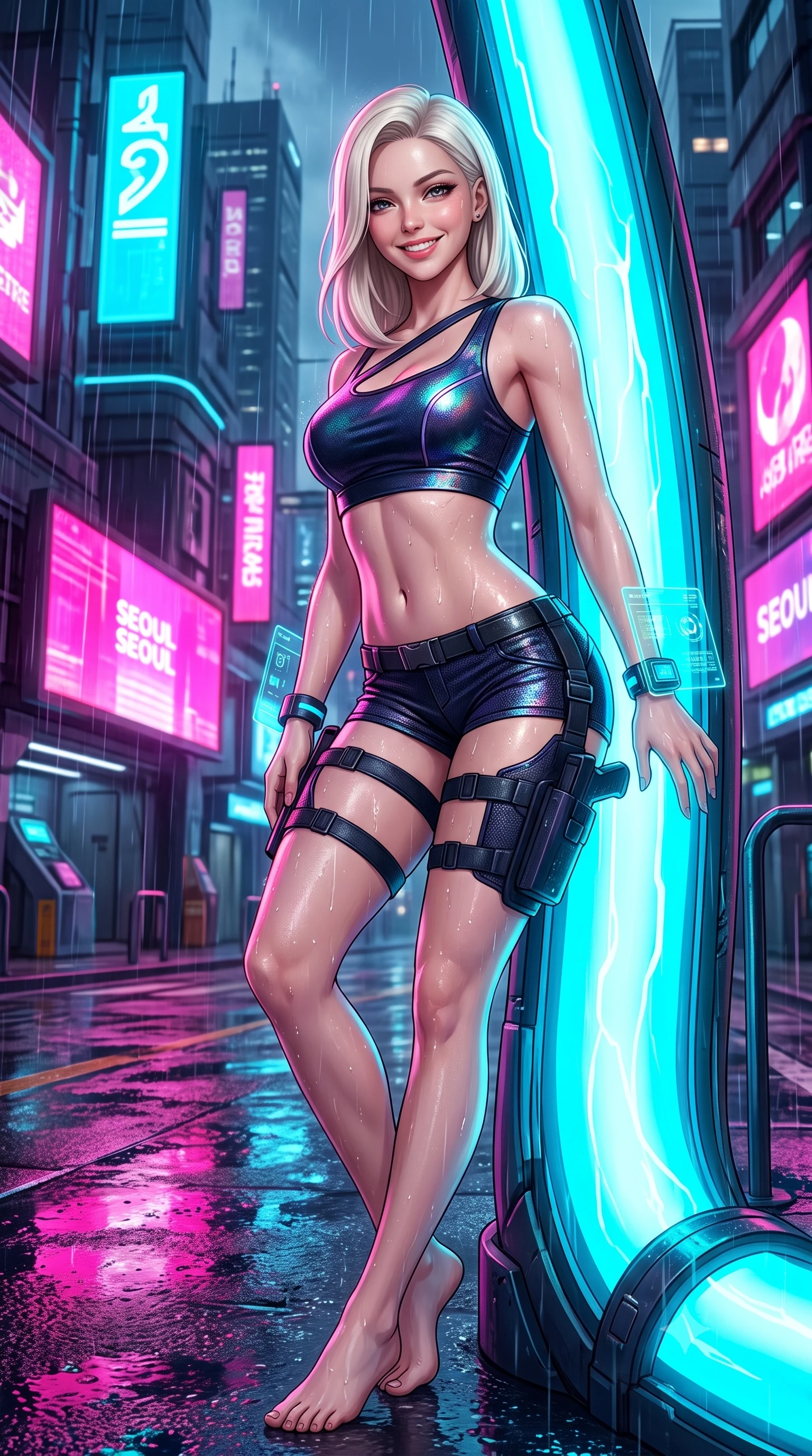 score_9, masterpiece, best quality, ultra-detailed, high-budget anime keyframe, semi-realistic 3D game render, editorial fashion photography, tasteful artistic composition, Caucasian woman. low angle full-body shot from head to toe showing her feet, filling the entire 9:16 vertical frame with her statuesque presence, stretching her vertical silhouette. leaning deep against the glowing energy conduit with hips cocked back in an unapologetically alluring high-fashion stance, flashing a warm beaming smile while twisting her slender torso in an alluring S-curve as warm cyber-city rain glistens on her tight suit, highlighting her curvy hips and waist. The surrounding environment is rendered in vivid detail and crisp panoramic clarity: detailed wet-look suit texture, water droplet beads on skin, and futuristic Seoul skyline architecture in high resolution. She has an absolutely perfect, statuesque 8.5-heads proportion, an exceptionally tall and slender model-like female figure with impossibly long slender legs, an ultra-slim waist, a flat toned midriff, narrow delicate ribcage, and beautifully sculpted feminine hips creating a graceful, slim hourglass silhouette without any bulky heaviness. sharp v-shaped jawline, high-bridge nose, intricate jewel-like sparkling eyes with depth, thick eyelashes, glossy parted lips with a natural sheen, bright confident smile with an enchanting and coquettish sensual glint, exuding both youthful magnetic charm and sovereign high-tech allure, flawlessly proportioned anatomical accuracy, strict slender model proportions, natural body alignment, perfectly sculpted long slender limbs, ultra-slim waistline, clean dynamic posture without body distortion. wearing a high-tech mechanic crop top with asymmetric shoulder straps paired with ultra-fitted tactical hot-pants and thigh holsters in midnight navy blue and holographic iridescent shimmer, crafted from sheer technical cyber-lace reinforced with ultra-thin Kevlar threads, featuring sleek glowing cyan HUD display wrist cuffs with floating data telemetry, the high-waisted tailoring accentuating her ultra-slim waistline and the enchanting curve of her feminine hips with alluring dark charm. bathed in intense saturated magenta and electric cyan billboard reflections bouncing off wet asphalt. highly saturated vibrant anime colors, detailed shading with soft gradients, rich glossy textures, high-contrast stereoscopic depth, volumetric dynamic lighting, master piece, 9:16 ratio