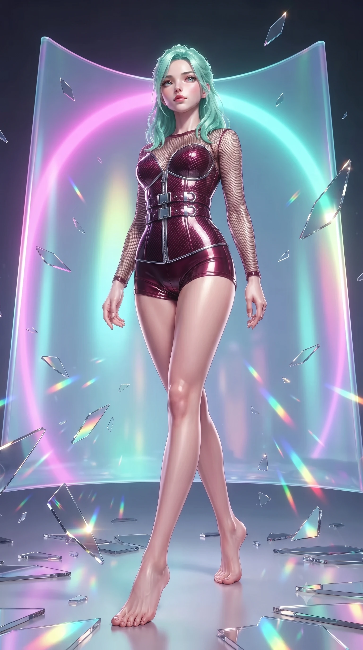 score_9, masterpiece, best quality, ultra-detailed, high-budget anime keyframe, editorial fashion photography, tasteful artistic composition, Japanese woman. low angle full-body shot from head to toe showing her feet, filling the entire 9:16 vertical frame with her statuesque presence, stretching her vertical silhouette. navigating the luminous space with effortless poise, displaying her perfect model proportions poised before a giant holographic canvas emitting luminous color arcs, shattered mirror shards scattering brilliant rainbow reflections everywhere. She has an absolutely perfect, statuesque 8.5-heads proportion, an exceptionally tall and slender model-like female figure with impossibly long slender legs and an ultra-slim waist. sharp v-shaped jawline, high-bridge nose, intricate jewel-like eyes with depth, thick eyelashes, glossy lips with a natural sheen. wearing a chrome-plated structured bodice worn over a sheer mesh top and micro-shorts in deep burgundy and bronze, made of fine carbon-fiber weave and soft matte leather, detailed with polished silver buckles along the waistline, the sleek second-skin texture accentuating her magnetic presence. surrounded by a radiant glow of magenta and aqua fluid highlights. ultra-reflective glossy finish, specular highlights, metallic sheen, high-contrast stereoscopic depth, volumetric dynamic lighting, 2k, ultra detail, master piece, 9:16 ratio