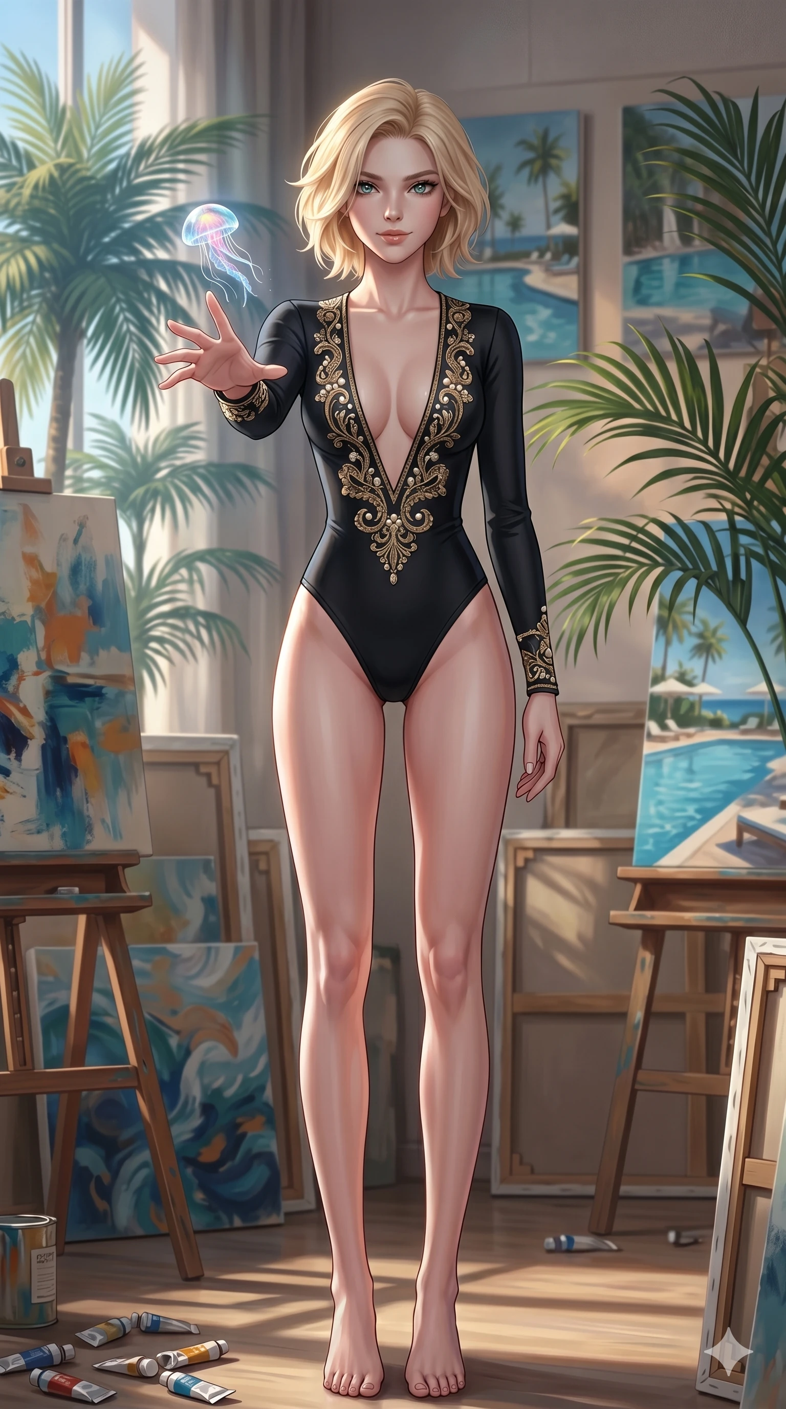 score_9, masterpiece, best quality, ultra-detailed, high-budget anime keyframe, editorial fashion photography, tasteful artistic composition, Caucasian woman, strictly human ears. cowboy shot from the thighs up, character and outfit filling the frame for maximum editorial presence. reaching a hand toward a floating jellyfish, looking at the camera with a mystical smile inside an art studio filled with oil canvases and potted palms (Code-P19-091). She has an absolutely perfect 8-heads proportion, an exceptionally tall and slender female figure with impossibly long slender legs and an ultra-slim waist. V-shaped jawline, high-bridge nose, intricate jewel-like eyes with depth, thick eyelashes, glossy lips with a natural sheen. wearing a skin-tight leotard with a plunging neckline and high-cut legs for a resort pool. cool sea breeze mixed with warm sunset lighting, tracing the contours of her body. 2k, ultra detail, master piece, 9:16 ratio