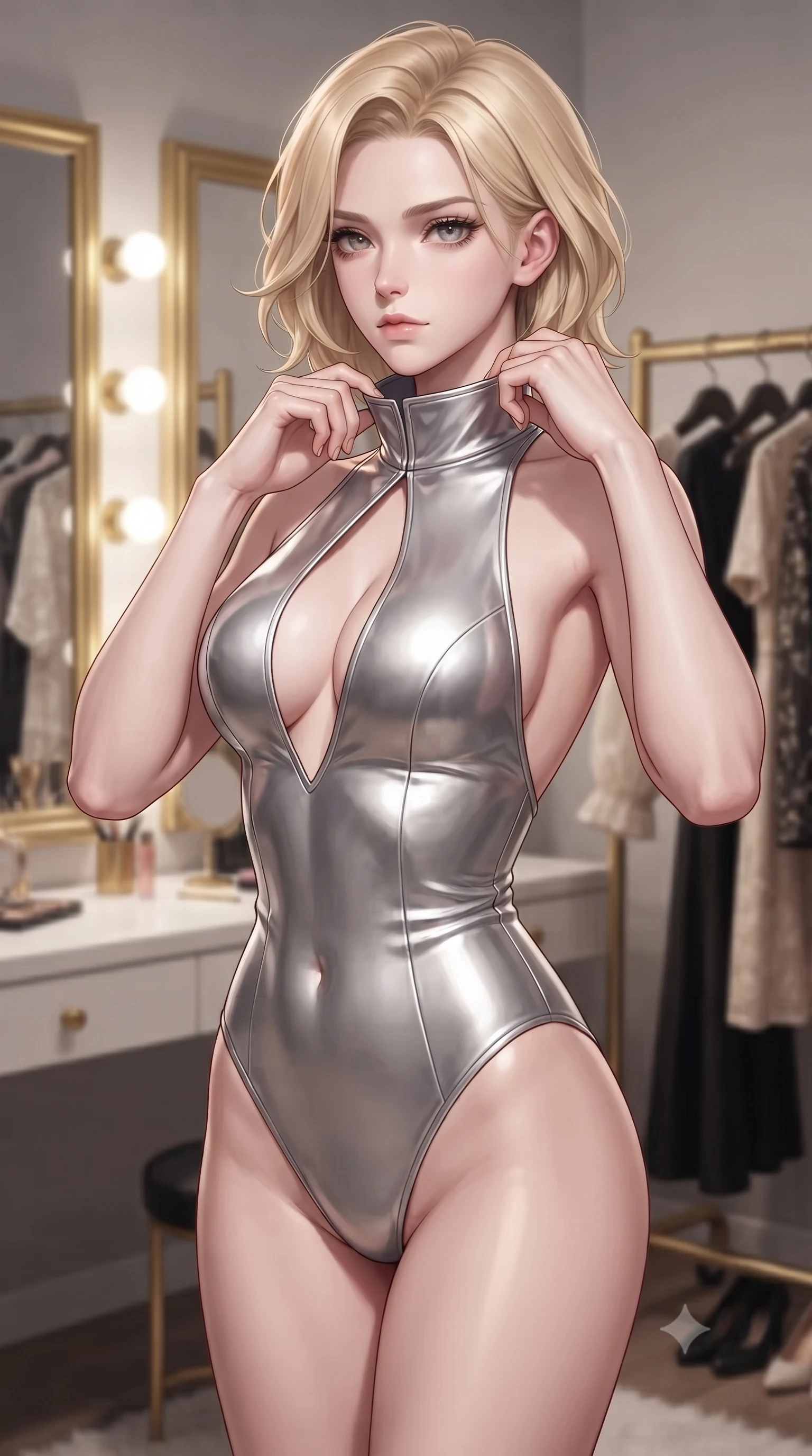 score_9, masterpiece, best quality, ultra-detailed, high-budget anime keyframe, editorial fashion photography, tasteful artistic composition, Caucasian woman. close-up cowboy shot from the waist and thighs up, the character dominates the composition, filling the frame with her large presence, background elements kept in soft focus. adjusting the high collar of her body-hugging suit, looking past the camera with quiet, sharp focus and a composed expression, the background shows a soft-focus a backstage dressing room with gold-trimmed mirrors and vintage costume racks. She has an exceptionally elegant, slender, and willowy female figure with an ultra-slim waist, a gracefully sculpted slender torso, and a refined silhouette. sharp v-shaped jawline, high-bridge nose, intricate jewel-like eyes with depth, thick eyelashes, glossy lips with a natural sheen. wearing a tailored backless combat bodysuit in metallic silver, featuring a plunging keyhole cutout and low-cut back. bright vanity spotlights casting detailed front lighting and soft back shadows. ultra-reflective glossy finish, specular highlights, metallic sheen, high-contrast stereoscopic depth, volumetric dynamic lighting, 2k, ultra detail, master piece, 9:16 ratio