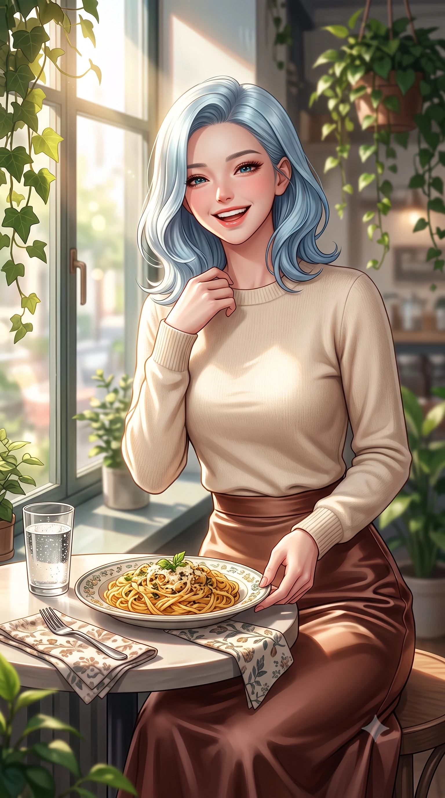 score_9, masterpiece, best quality, ultra-detailed, high-budget anime keyframe, editorial fashion photography, tasteful artistic composition, Korean woman. close-up cowboy shot from the waist and thighs up, the character dominates the composition, filling the frame with her large presence, background elements kept in soft focus. laughing softly with a charming expression, tilting her head cutely to the side set against a soft-focus background of at a quiet window table of an organic salad bar filled with hanging ivy with a plate of delicious pasta and a glass of sparkling water on the table. She has an exceptionally elegant, slender, and willowy female figure with an ultra-slim waist, a gracefully sculpted slender torso, and a refined silhouette. sharp v-shaped jawline, high-bridge nose, intricate jewel-like eyes with depth, thick eyelashes, glossy lips with a natural sheen. wearing tailored cozy cashmere sweater in cream, paired with a satin midi skirt. bright afternoon sunlight streaming through the large window pane. highly saturated vibrant anime colors, detailed shading with soft gradients, rich glossy textures, high-contrast stereoscopic depth, volumetric dynamic lighting, master piece, 9:16 ratio