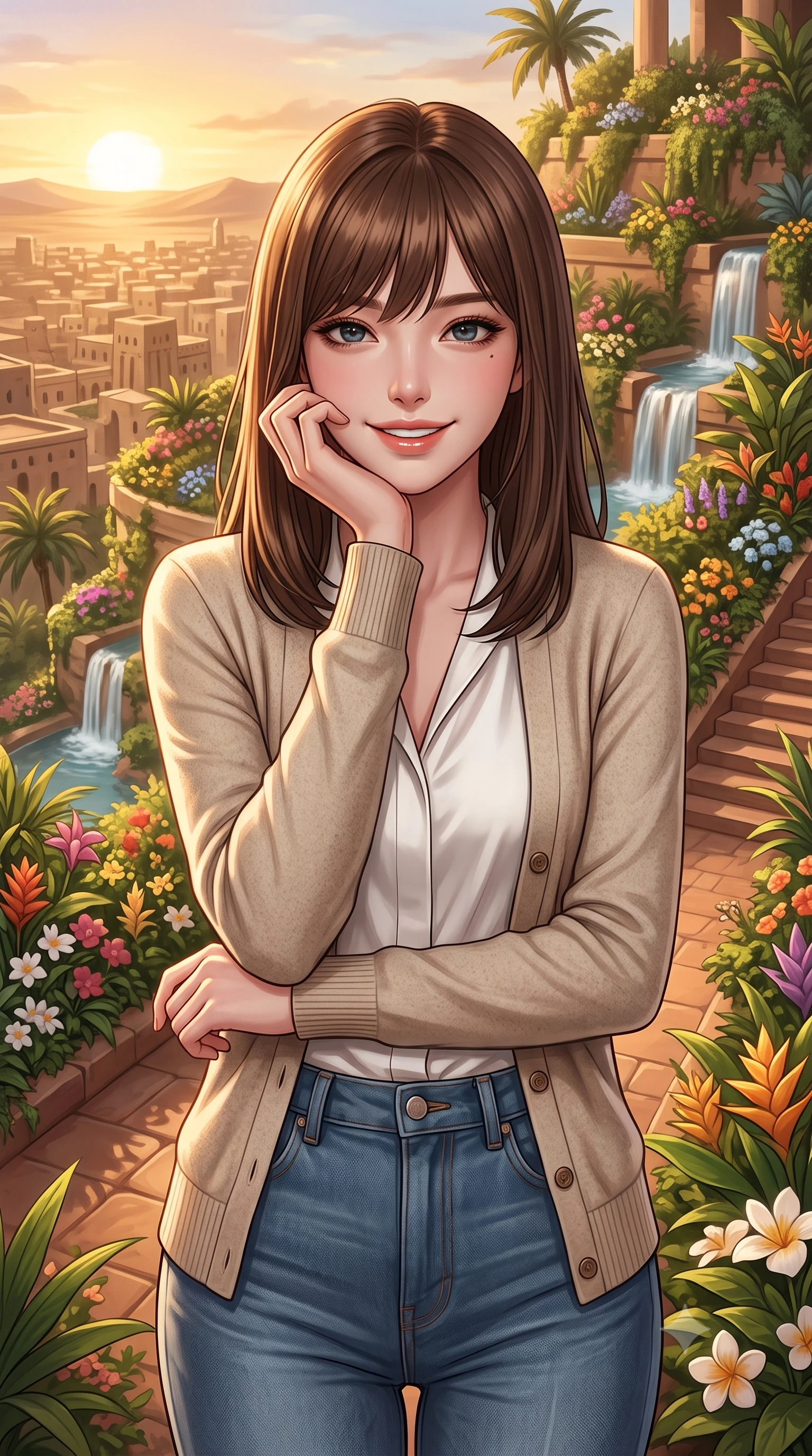 score_9, masterpiece, best quality, ultra-detailed, high-budget anime keyframe, editorial fashion photography, tasteful artistic composition, Korean woman. close-up cowboy shot from the waist and thighs up, the character dominates the composition, filling the frame with her large presence, background elements kept in soft focus. Resting her chin on her hand, smiling warmly with relaxed happiness. set against a soft-focus background of on the stepped terraces of a lush hanging garden filled with tropical flowers, cascading waterfalls, and terracotta pathways overlooking an ancient desert city. She has an exceptionally elegant, slender, and willowy female figure with a highly-defined ultra-slim waist, a gracefully sculpted slender torso, and a refined slim-fit silhouette that contours her form. sharp v-shaped jawline, high-bridge nose, intricate jewel-like eyes with depth, thick eyelashes, glossy lips with a natural sheen. wearing a tailored slim-fit oatmeal wool cardigan over a sleek white silk blouse and high-waisted denim trousers. warm golden hour light from a setting desert sun painting the greenery in warm gold and casting deep soft shadows. 2k, ultra detail, master piece, 9:16 ratio