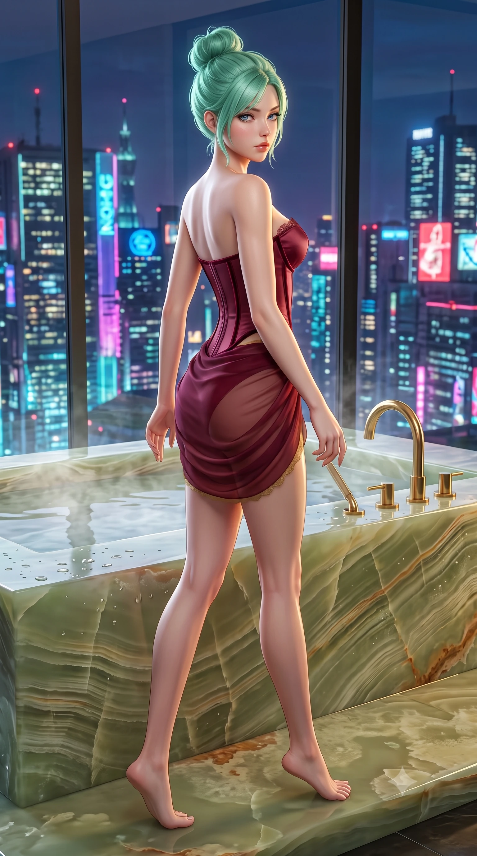 score_9, masterpiece, best quality, ultra-detailed, high-budget anime keyframe, semi-realistic 3D game render, editorial fashion photography, tasteful artistic composition, Japanese woman. low angle full-body shot from head to toe showing her feet, filling the entire 9:16 vertical frame with her statuesque presence, stretching her vertical silhouette. walking along the terrace with poise, looking back over her bare shoulder with an irresistible smoldering bedroom-gaze while standing beside the steaming sunken bath with hips cocked back, looking through floor-to-ceiling glass at the neon city with bedroom-eyes. The surrounding environment is rendered in vivid detail and crisp panoramic clarity: sharp translucent banding in green onyx stone, polished brass gooseneck bath fixtures, and water droplets on stone in deep focus. She has an absolutely perfect, statuesque 8.5-heads proportion, an exceptionally tall and slender model-like female figure with impossibly long slender legs, an ultra-slim waist, a flat toned midriff, narrow delicate ribcage, and beautifully sculpted feminine hips creating a graceful, slim hourglass silhouette without any bulky heaviness. sharp v-shaped jawline, high-bridge nose, sparkling eyes with hypnotic seductive depth, thick curled eyelashes, glossy parted lips with a natural dewy peach sheen, alluring bedroom-eyes with an enchanting coquettish smile, exuding magnetic siren charisma and sophisticated glamour, flawlessly proportioned anatomical accuracy, strict slender model proportions, natural body alignment, perfectly sculpted long slender limbs, ultra-slim waistline, clean dynamic posture without body distortion. wearing a structured boned satin corset bodice with crushed velvet piping paired with a draped tulip mini skirt in Vienna imperial bordeaux and Habsburg gold, made of sheer gossamer chiffon that drapes softly against skin with airy translucence, finished with scalloped eyelash lace trim framing her sweetheart neckline with intimate elegance, the precision-cut side openings and low-back scoop framing her graceful spine and the sensual sweep of her slim, toned hips. illuminated by polished stone reflection fill and sharp champagne-gold rim lights sculpting her jawline, narrow waist, and curvy hips. highly saturated vibrant anime colors, detailed shading with soft gradients, rich glossy textures, high-contrast stereoscopic depth, volumetric dynamic lighting, master piece, 9:16 ratio