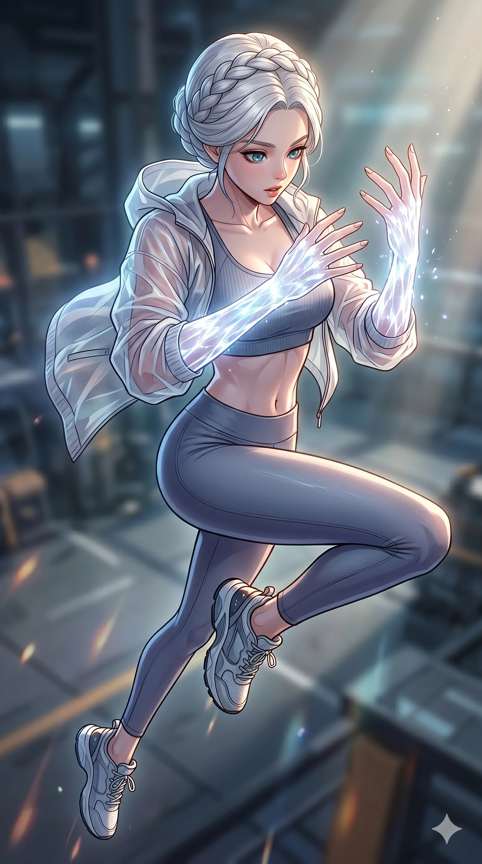 score_9, masterpiece, best quality, ultra-detailed, high-budget anime movie keyframe, cinematic anime lighting, intricate line art, Korean woman. Extreme high angle shot as she leaps towards the camera, filling the frame. looking at her own hands as they start to turn into light. She has an absolutely perfect 8-heads proportion, an exceptionally tall and slender female figure with an ultra-slim waist and impossibly long slender legs. strictly human anatomy, two legs only, no extra limbs, clearly defined legs and arms, perfect anatomy, perfect hands and fingers. sharp v-shaped jawline, high-bridge nose, intricate jewel-like eyes, thick eyelashes, glossy lips. Wearing Premium Athleisure: Ribbed sports bra and leggings set, sheer windbreaker, and sleek high-performance activewear. The scene is illuminated by dramatic atmospheric lighting and vibrant color palettes. , 2k, ultra detail, master piece, 9:16 ratio