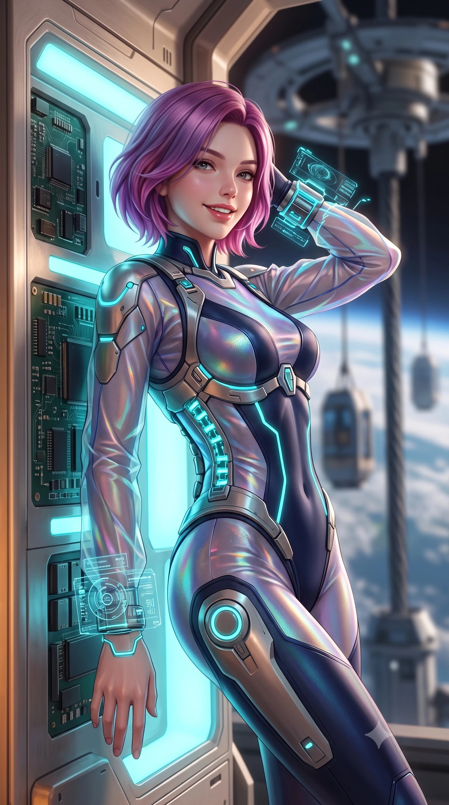 score_9, masterpiece, best quality, ultra-detailed, high-budget anime keyframe, semi-realistic 3D game render, editorial fashion photography, tasteful artistic composition, Caucasian woman. close-up cowboy shot from the waist and thighs up, the character dominates the composition, filling the frame with her large presence. leaning back against the glowing maintenance bulkhead with relaxed seductive grace, her flat midriff and narrow waist highlighted as laser ambient light traces her curves while standing beside the immense carbon-tether cable descending into Earth's atmosphere, arching her spine with breathtaking grace. The background shows a soft-focus massive tether climber pods arriving at the dock softened in epic space infrastructure shallow focus. She has an exceptionally elegant, slender, and willowy female figure with an ultra-slim waist, flat toned midriff, narrow ribcage, and sculpted feminine hips creating an alluring, slim hourglass silhouette without bulk. sharp v-shaped jawline, high-bridge nose, intricate jewel-like sparkling eyes with depth, thick eyelashes, glossy parted lips with a natural sheen, bright confident smile with an enchanting and coquettish sensual glint, exuding both youthful magnetic charm and sovereign high-tech allure, flawlessly proportioned anatomical accuracy, strict slender model proportions, natural body alignment, perfectly sculpted long slender limbs, ultra-slim waistline, clean dynamic posture without body distortion. wearing a form-contouring exo-suit chassis with glowing cyan hydraulic spine braces worn over an ultra-slim bodysuit in midnight navy blue and holographic iridescent shimmer, woven from layered gossamer holographic organza casting chromatic prism reflections, featuring sleek glowing cyan HUD display wrist cuffs with floating data telemetry, the form-fitting tactical tailoring adhering flawlessly to her sculpted flat midriff and slender torso, emphasizing her long leg lines and perfectly proportioned willowy build. illuminated by warm cabin ambient fill and crisp platinum rim lighting sculpting her razor-sharp jawline, narrow waist, and curvy hips. highly saturated vibrant anime colors, detailed shading with soft gradients, rich glossy textures, high-contrast stereoscopic depth, volumetric dynamic lighting, master piece, 9:16 ratio