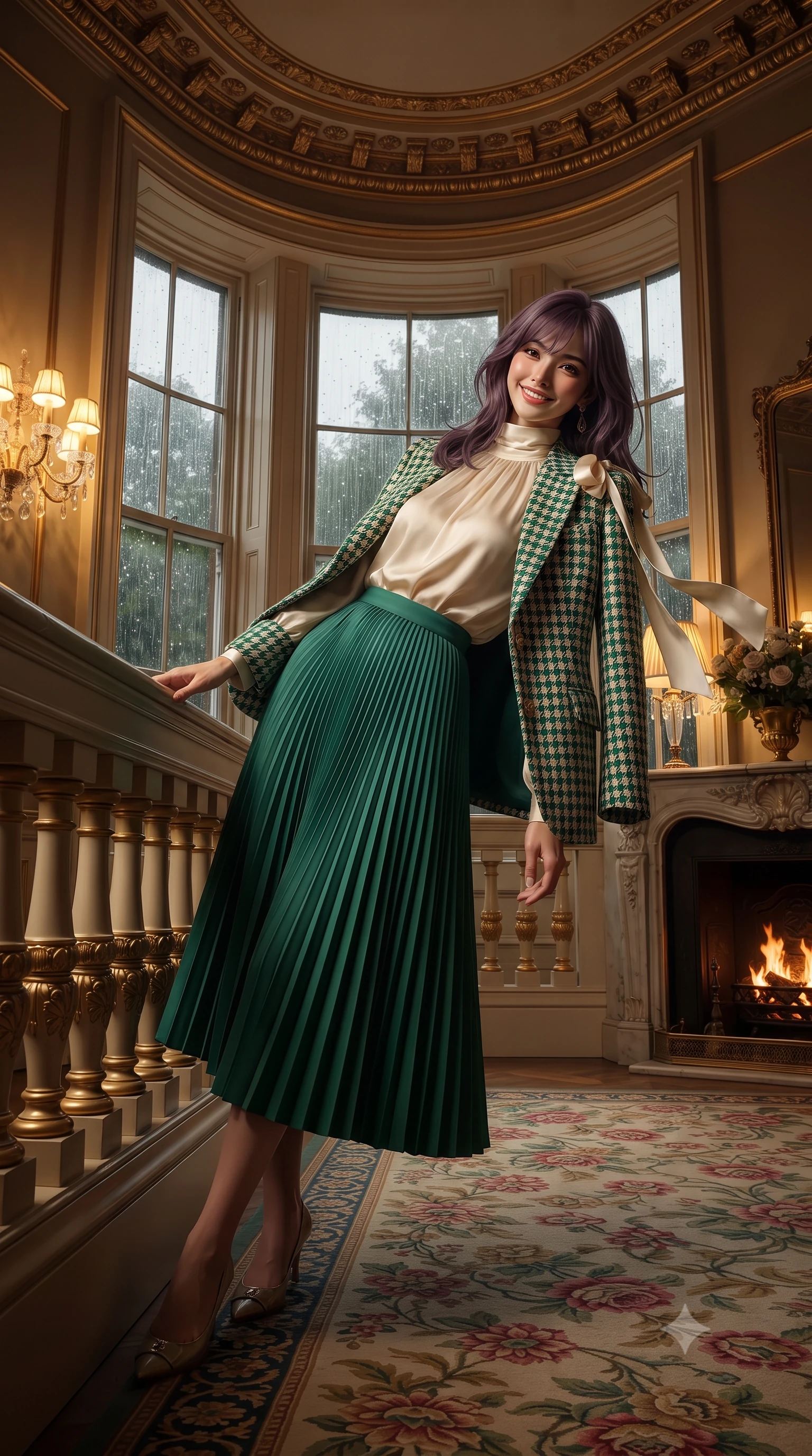 score_9, masterpiece, best quality, ultra-detailed, high-budget anime keyframe, editorial fashion photography, tasteful artistic composition, Japanese woman. low angle full-body shot from head to toe showing her feet, filling the entire 9:16 vertical frame with her statuesque presence, stretching her vertical silhouette. leaning deep against the balcony balustrade with hips cocked back in an unapologetically alluring high-fashion stance, casting an intoxicating glance while standing poised on the Aubusson floral carpet beneath gilded plaster ceiling cornices, arching her back with aristocratic supermodel charisma as rain taps against tall bay windows. The surrounding environment is rendered in vivid detail and crisp panoramic clarity: detailed garment tailoring, delicate trims, and Victorian royal craft in razor-sharp precision. She has an exceptionally tall and slender model-like 8.5-heads proportion, an ultra-slim waist, a flat toned midriff, narrow delicate ribcage, and beautifully sculpted feminine hips creating a graceful, slim hourglass silhouette without any bulky heaviness, with impossibly long slender legs. sharp v-shaped jawline, high-bridge nose, intricate jewel-like sparkling eyes with depth, thick eyelashes, glossy parted lips with a natural peach sheen, bright cheerful beaming smile with an enchanting and coquettish sensual glint, exuding both youthful cute charm and seductive allure, flawlessly proportioned anatomical accuracy, strict slender model proportions, natural body alignment, perfectly sculpted long slender limbs, ultra-slim waistline, clean dynamic posture without body distortion. wearing a bespoke Normandy houndstooth equestrian blazer draped over a high-neck silk crepe blouse and pleated midi skirt in Mayan cenote emerald jade and subterranean limestone cream, woven from structured British tweed with subtle metallic flecks, finished with satin ribbon ties at the shoulders fluttering in the gentle breeze, the impeccably tailored cut draping gracefully along her slender figure with aristocratic poise. bathed in the warm golden 2500K glow of crystal lamps and crackling birch logs in the hearth. ultra-reflective glossy finish, specular highlights, rich textural contrasts, high-contrast stereoscopic depth, volumetric dynamic lighting, 2k, ultra detail, master piece, 9:16 ratio