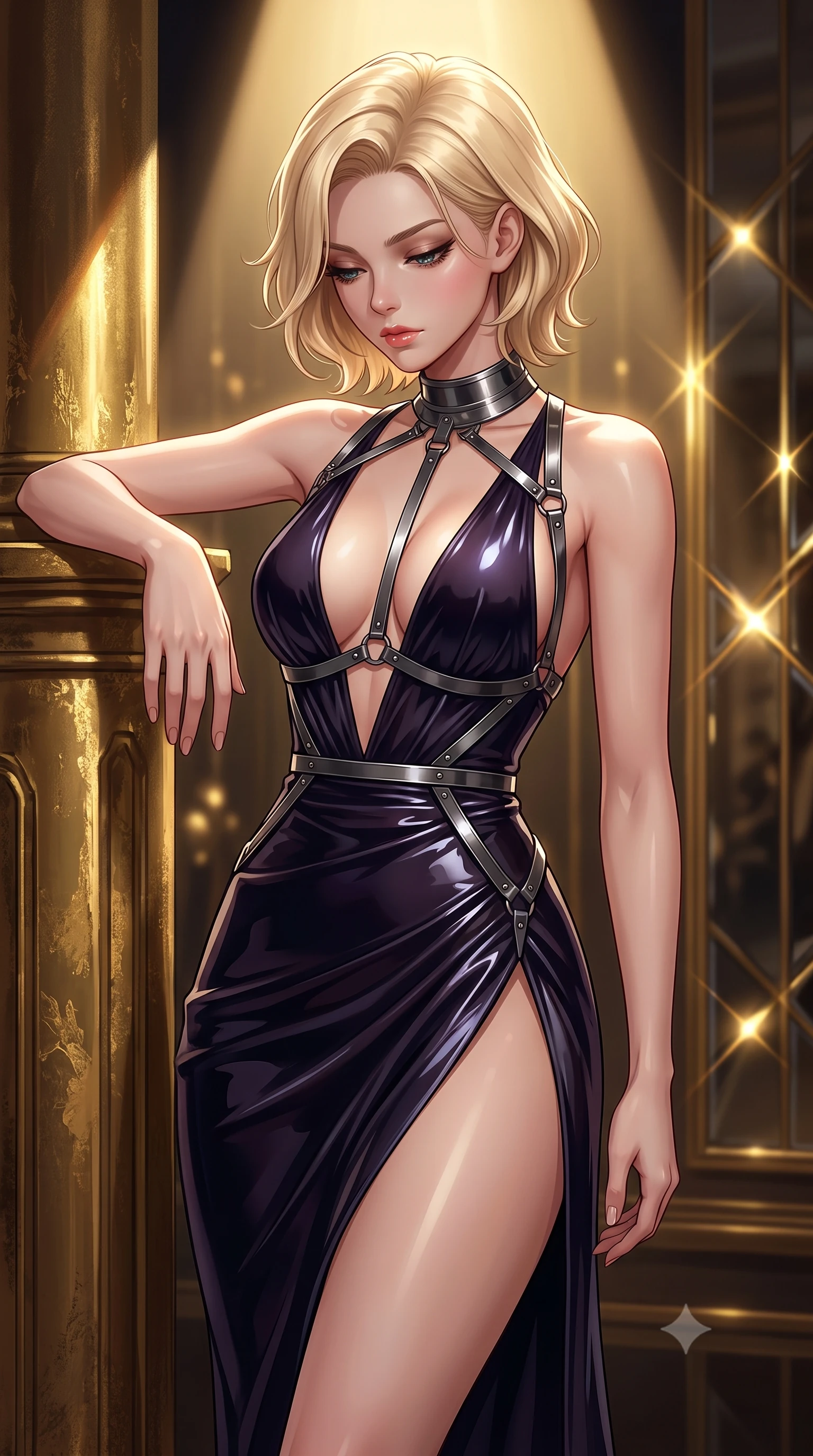 score_9, masterpiece, best quality, ultra-detailed, high-budget anime keyframe, editorial fashion photography, tasteful artistic composition, Caucasian woman. close-up cowboy shot from the waist and thighs up, the character dominates the composition, filling the frame with her large presence, background elements kept in soft focus. Looking down with lowered lashes and a composed, powerful dark aura, resting against a gold-leaf accent pillar under a single warm key spotlight, polished mirror panels glinting with sharp golden specular highlights. She has an exceptionally elegant, slender, and willowy female figure with an ultra-slim waist, a gracefully sculpted slender torso, and a refined silhouette. sharp v-shaped jawline, high-bridge nose, intricate jewel-like eyes with depth, thick eyelashes, glossy lips with a natural sheen. wearing deep plunging V-neckline midnight gown with daring high thigh slit in pearl white, made of high-gloss liquid vinyl, highlighted by a gunmetal metallic harness structure, the fitted fabric emphasizing her ultra-slim waist. bathed in dramatic chiaroscuro with a single sharp key ray from above. highly saturated vibrant anime colors, detailed shading with soft gradients, rich glossy textures, high-contrast stereoscopic depth, volumetric dynamic lighting, master piece, 9:16 ratio