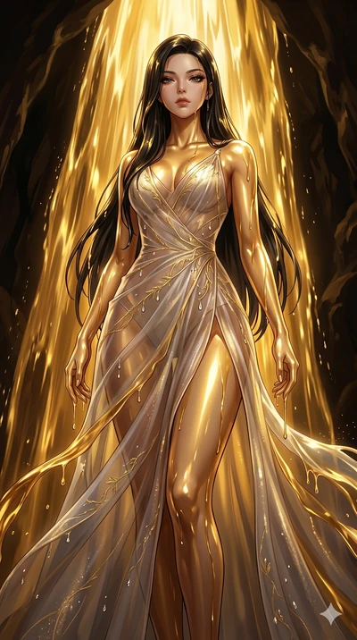 score_9, masterpiece, best quality, ultra-detailed, High-budget Anime Keyframe, East Asian woman. Low angle cowboy shot filling the entire 9:16 frame with her statuesque presence. Scenario 159: Standing under a waterfall of liquid gold, the fluid coa