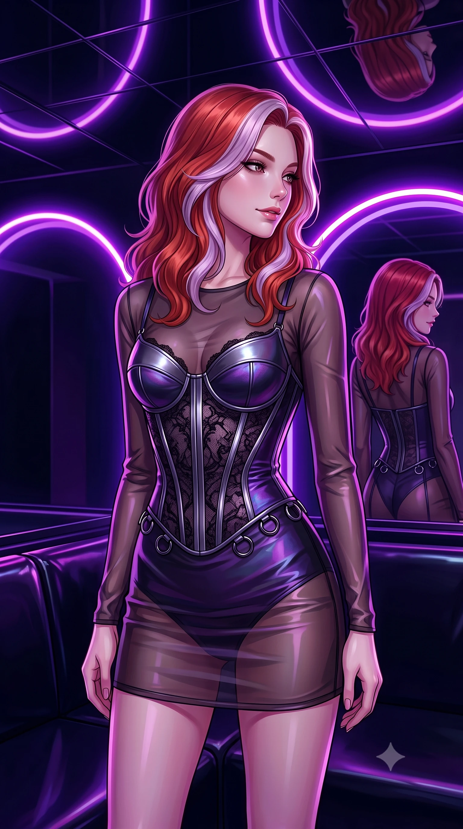 score_9, masterpiece, best quality, ultra-detailed, high-budget anime keyframe, editorial fashion photography, tasteful artistic composition, Caucasian woman. close-up cowboy shot from the waist and thighs up, the character dominates the composition, filling the frame with her large presence, background elements kept in soft focus. Glancing sidelong over her shoulder with a smoldering, enigmatic half-smile, standing under a mirror ceiling reflecting glowing violet and magenta neon arcs, mirror ceiling reflecting her statuesque figure and neon arcs in high resolution. She has an exceptionally elegant, slender, and willowy female figure with an ultra-slim waist, a gracefully sculpted slender torso, and a refined silhouette. sharp v-shaped jawline, high-bridge nose, intricate jewel-like eyes with depth, thick eyelashes, glossy lips with a natural sheen. wearing translucent dark organza mini dress over structured black lace corset in metallic dark silver, made of iridescent dark violet taffeta, trimmed with dark chrome ring hardware along the waist contours, accentuating her gracefully sculpted slender torso. surrounded by a moody neon glow with sharp edge highlights on dark vinyl. highly saturated vibrant anime colors, detailed shading with soft gradients, rich glossy textures, high-contrast stereoscopic depth, volumetric dynamic lighting, master piece, 9:16 ratio