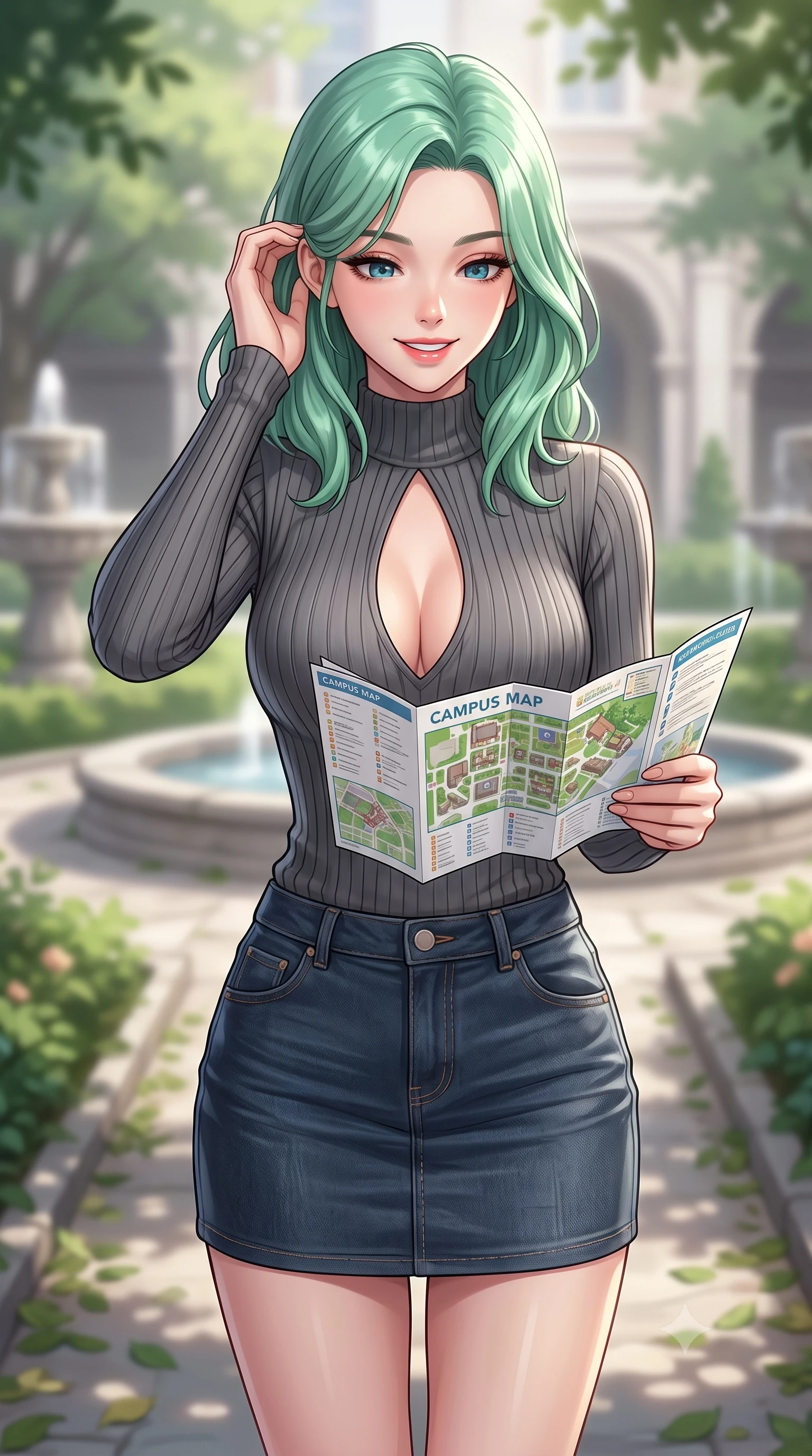 score_9, masterpiece, best quality, ultra-detailed, high-budget anime keyframe, editorial fashion photography, tasteful artistic composition, Japanese woman. close-up cowboy shot from the waist and thighs up, the character dominates the composition, filling the frame with her large presence, background elements kept in soft focus. smiling cutely while gently brushing a strand of hair behind her ear set against a soft-focus background of walking down a leafy pathway of a quiet university garden with stone fountains looking at a campus map brochure with a cheerful, curious look. She has an exceptionally elegant, slender, and willowy female figure with an ultra-slim waist, a gracefully sculpted slender torso, and a refined silhouette. sharp v-shaped jawline, high-bridge nose, intricate jewel-like eyes with depth, thick eyelashes, glossy lips with a natural sheen. wearing slim-fit form-contouring ribbed knit top with a plunging keyhole cutout, paired with a dark denim mini skirt. soft diffused daylight creating a clean, high-key glow in the space. highly saturated vibrant anime colors, detailed shading with soft gradients, rich glossy textures, high-contrast stereoscopic depth, volumetric dynamic lighting, master piece, 9:16 ratio
