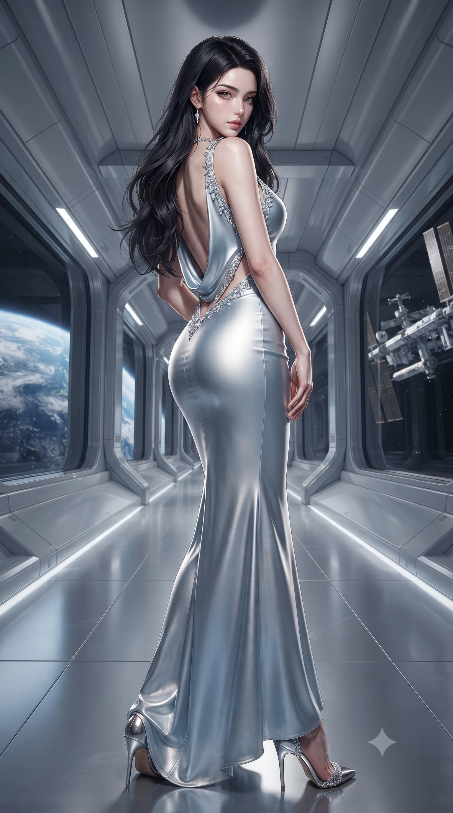 score_9, masterpiece, best quality, ultra-detailed, high-budget anime keyframe, editorial fashion photography, tasteful artistic composition, Korean woman. low angle full-body shot from head to toe showing her feet, filling the entire 9:16 vertical frame with her statuesque presence, stretching her vertical silhouette. posing with back turned slightly to the lens, glancing back with smoldering allure as she arches her lower back to emphasize her sculpted feminine hips and slender waist while pivoting gracefully along the illuminated orbital corridor, her liquid metallic garments clinging to her sculpted flat midriff and feminine hips. The surrounding environment is rendered in vivid detail and crisp panoramic clarity. epic high-contrast orbital sci-fi chiaroscuro and transcendent space-age luxury aesthetics in precision. She has an exceptionally tall and slender model-like 8.5-heads proportion, an ultra-slim waist, a flat toned midriff, narrow delicate ribcage, and beautifully sculpted feminine hips creating a graceful, slim hourglass silhouette without any bulky heaviness, with impossibly long slender legs. sharp v-shaped jawline, high-bridge nose, intricate jewel-like eyes with depth, thick eyelashes, glossy parted lips with a natural sheen, intensely captivating and seductive bedroom-eyes expression, flawlessly proportioned anatomical accuracy, strict slender model proportions, natural body alignment, perfectly sculpted long slender limbs, ultra-slim waistline, clean dynamic posture without body distortion. wearing a sculptured liquid-satin mermaid gown with an ultra-deep cowl back descending to the base of her spine in liquid starlight silver and arctic glacier white, crafted from luxurious metallic lamé that shifts radiance with every step, finished with delicate crystal frost embroidery tracing the plunging neckline, the precision-cut side openings and low-back scoop framing her graceful spine and the sensual sweep of her slim, toned hips. illuminated by sleek metallic specular reflections sharply defining her bare collarbones, ultra-slim waist, and curvy hips. ultra-reflective glossy finish, specular highlights, rich textural contrasts, high-contrast stereoscopic depth, volumetric dynamic lighting, 2k, ultra detail, master piece, 9:16 ratio