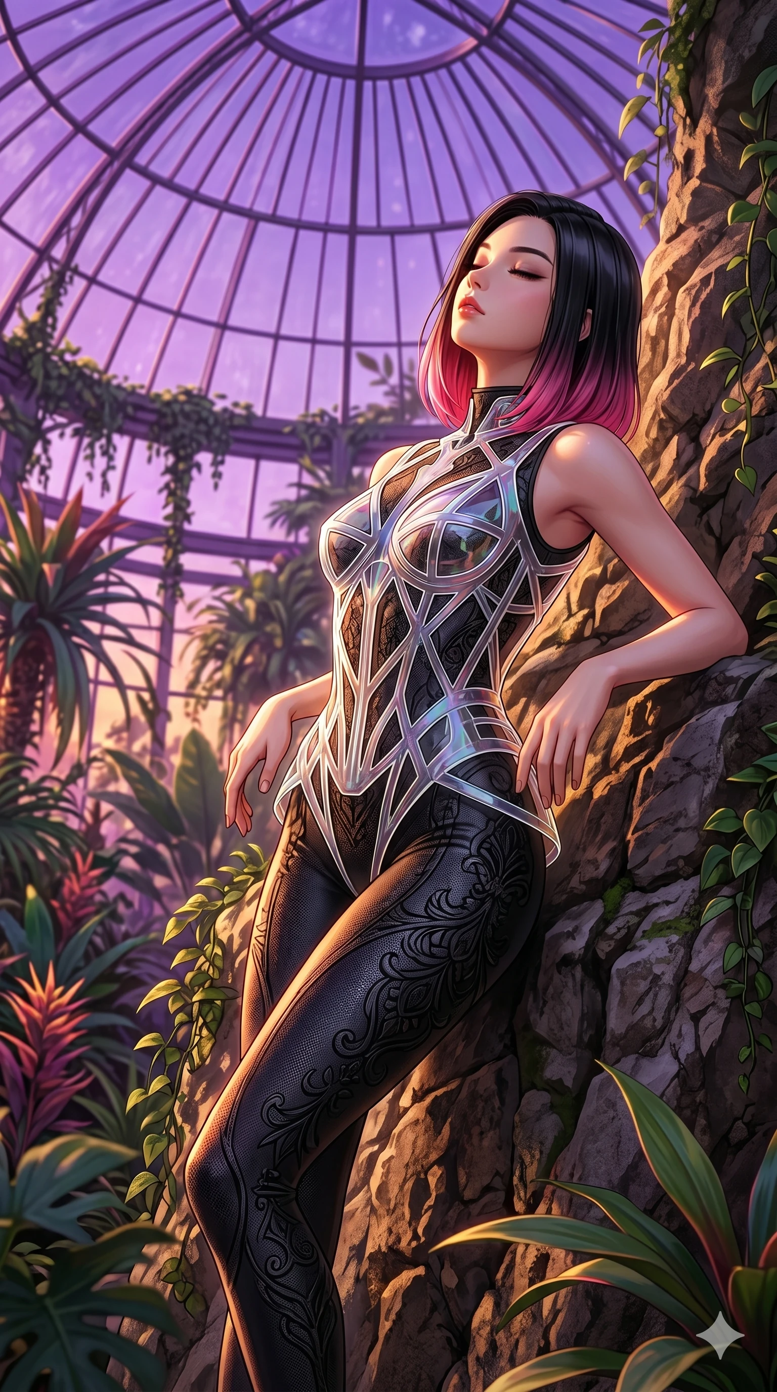 score_9, masterpiece, best quality, ultra-detailed, high-budget anime keyframe, editorial fashion photography, tasteful artistic composition, Korean woman. cowboy shot from the thighs up, character and outfit filling the frame for maximum editorial presence. leaning back against the rock face, tilting her head back in a greenhouse under a purple glass dome (Code-P17-145). She has an absolutely perfect 8-heads proportion, an exceptionally tall and slender female figure with impossibly long slender legs and an ultra-slim waist. V-shaped jawline, high-bridge nose, intricate jewel-like eyes with depth, thick eyelashes, glossy lips with a natural sheen. wearing a translucent polymer structured bodice over a black patterned embroidery sleek form-fitting suit. bathed in warm golden hour sunset light, tracing the sleek contours of her athletic build. 2k, ultra detail, master piece, 9:16 ratio