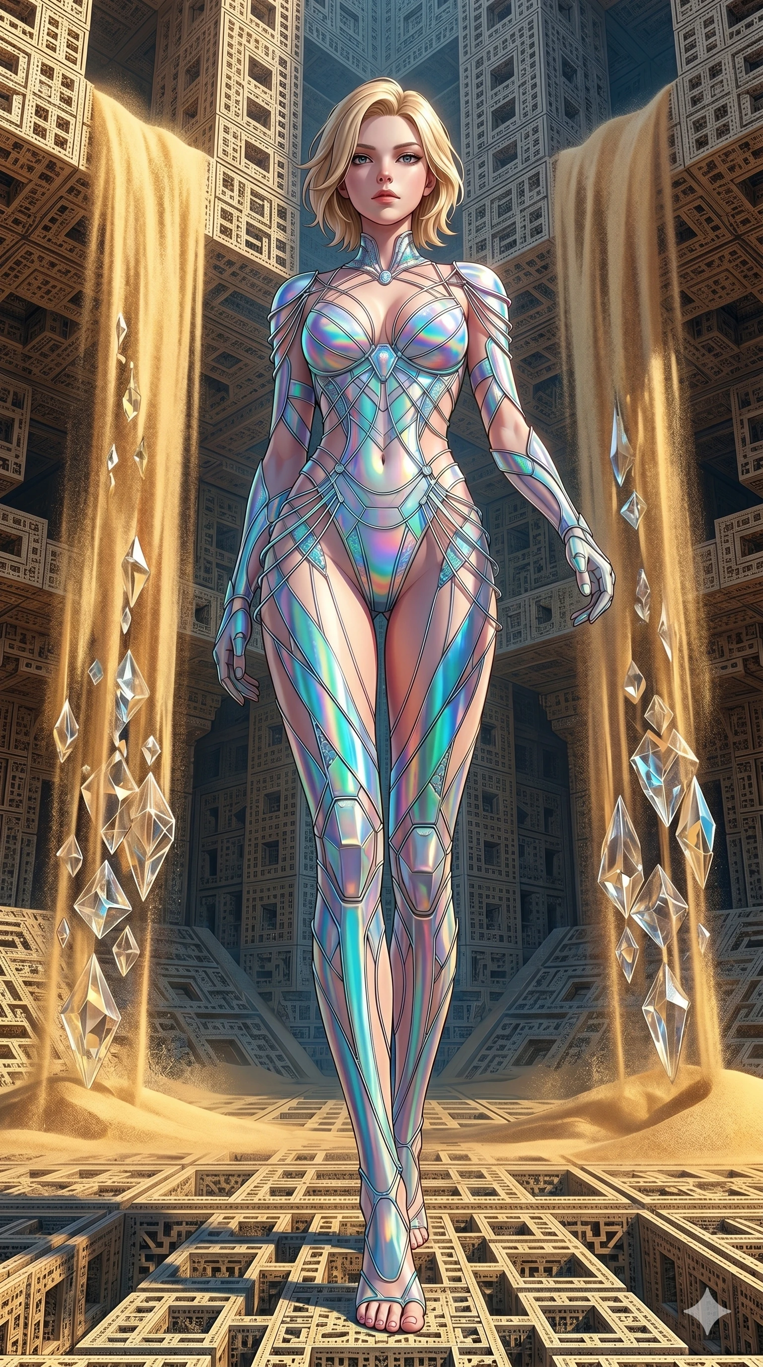 score_9, masterpiece, best quality, ultra-detailed, high-budget anime keyframe, Caucasian woman, strictly human ears. low angle full-body shot filling the entire 9:16 frame with her statuesque presence, stretching the vertical silhouette. descending through a fractal quicksand temple where golden sand waterfalls transform into glass crystals, revealing intricate repeating patterns. She has an absolutely perfect 8-heads proportion, an exceptionally tall and slender female figure with impossibly long slender legs and an ultra-slim waist. V-shaped jawline, high-bridge nose, intricate jewel-like eyes with depth, thick eyelashes, glossy lips with a natural sheen.. wearing a holographic ribbon shell armor, featuring thin iridescent plates linked by wire straps over a sleek contouring base. accented by dynamic color-blocked lighting with high-contrast shadows emphasizing her statuesque height. 2k, ultra detail, master piece, 9:16 ratio