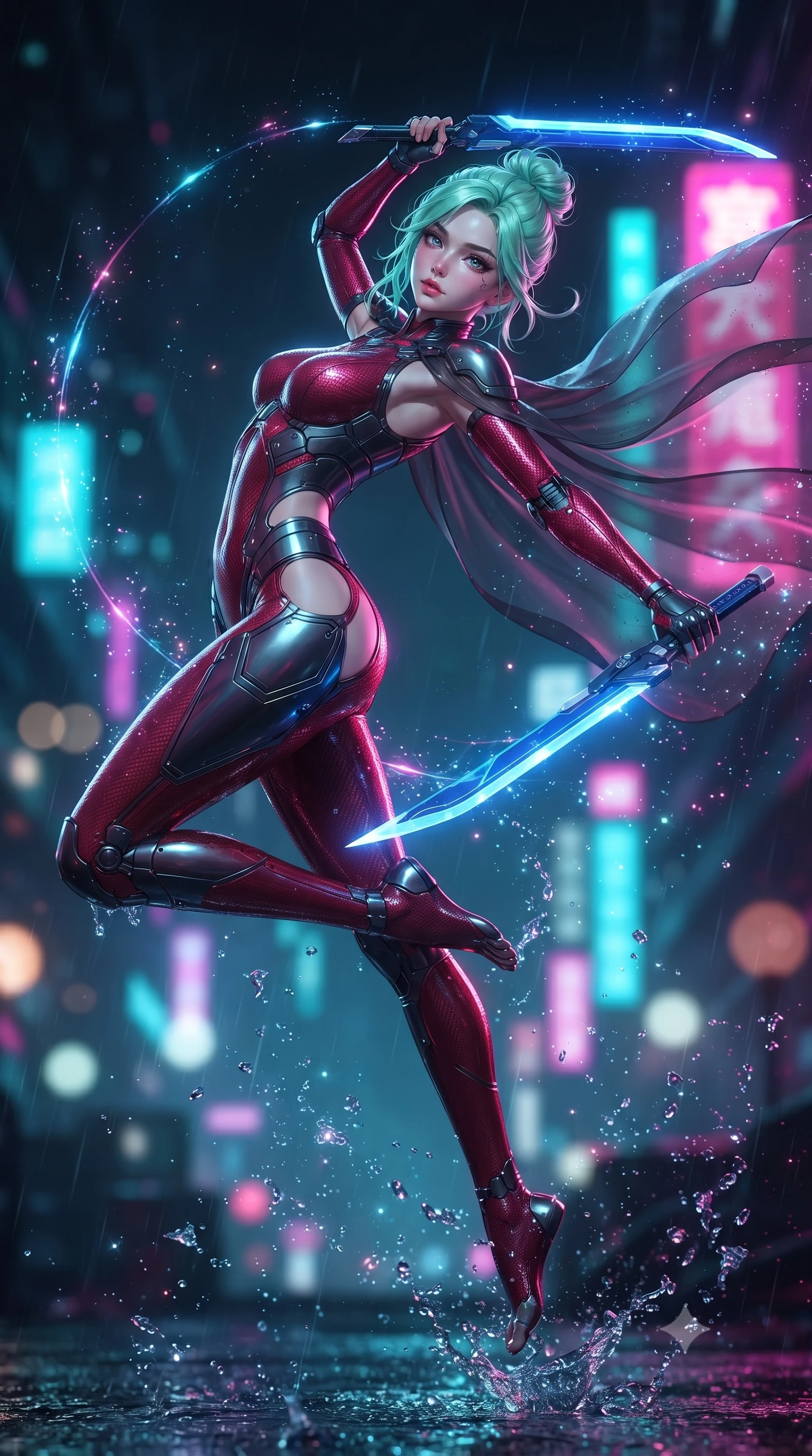 score_9, masterpiece, best quality, ultra-detailed, high-budget anime keyframe, editorial fashion photography, tasteful artistic composition, Japanese woman. low angle full-body shot from head to toe showing her feet, filling the entire 9:16 vertical frame with her statuesque presence, stretching her vertical silhouette. arching her back gracefully in mid-air during a dynamic combat vault, her weapon energy trail framing her statuesque presence while arching her spine in a fluid combat stance as high-altitude winds billow her sheer tactical cape against the glowing city skyline. The composition keeps background elements in soft focus with creamy bokeh. sparkling plasma energy motes and splashing rain droplets scattering radiant light across a dark backdrop. She has an absolutely perfect, statuesque 8.5-heads proportion, an exceptionally tall and slender model-like female figure with impossibly long slender legs, a toned flat midriff, and an ultra-slim waist. sharp v-shaped jawline, high-bridge nose, intricate jewel-like eyes with depth, thick eyelashes, glossy lips with a natural sheen, flawlessly proportioned anatomical accuracy, strict slender model proportions, natural body alignment, perfectly sculpted long slender limbs, ultra-slim waistline, clean dynamic posture without body distortion. wearing a skin-tight crimson carbon-weave combat leotard with metallic dark chrome plating and hip-accentuating cutouts, holding twin glowing high-frequency vibro-blades with effortless supermodel poise in electric cobalt blue carbon with polished platinum trim, made of liquid carbon-jersey fabric adhering flawlessly to her sculpted silhouette, finished with high-mobility articulation joints and miniature magnetic armor locks, the glove-like aerodynamic second-skin fit tightly clinging to her ultra-slender waist and athletic curves without adding bulk, accentuating her razor-sharp statuesque lines and slim hourglass silhouette. bathed in vivid high-contrast neon cyan and magenta city backlighting with electric blade glow. ultra-reflective glossy finish, specular highlights, dark metallic sheen, high-contrast stereoscopic depth, volumetric dynamic lighting, 2k, ultra detail, master piece, 9:16 ratio