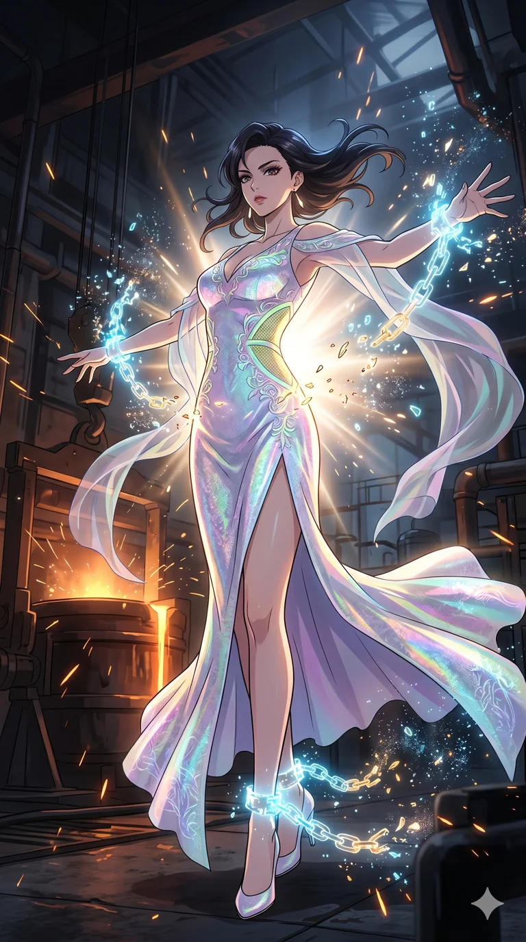 score_9, masterpiece, best quality, ultra-detailed, High-budget Anime Keyframe, vibrant colors, fluid line-art, expressive lighting, cinematic composition, Ufotable-style visual effects, top-tier animation quality, Japanese woman with delicate and elegant anime-inspired features. Dynamic full-body shot stretching the vertical silhouette, capturing her from a powerful low-angle perspective. Breaking free from glowing energy chains with a powerful burst of inner light, the links shattering into digital dust. She has an absolutely perfect 8-heads proportion, an exceptionally tall and slender female figure with impossibly long slender legs and an ultra-slim waist, her statuesque height and towering silhouette dominating the vertical 9:16 frame. Her face is a masterpiece featuring a sharp v-shaped jawline, high-bridge nose, intricate jewel-like eyes with depth, thick eyelashes, and glossy lips with a natural sheen. She is wearing a Holographic lace evening gown with a dangerously high slit and a plunging neckline crafted from Fluorescent mesh that glows brightly under neon light, highlighting her silhouette, with sheer fabric transparency over her delicate curves and a high-cut silhouette. The scene is set in a gritty industrial factory with glowing molten metal, flying sparks, and deep shadows, illuminated by dynamic strobe effects that capture her movement in a series of sharp fragments. 2k, ultra detail, master piece, 9:16 ratio